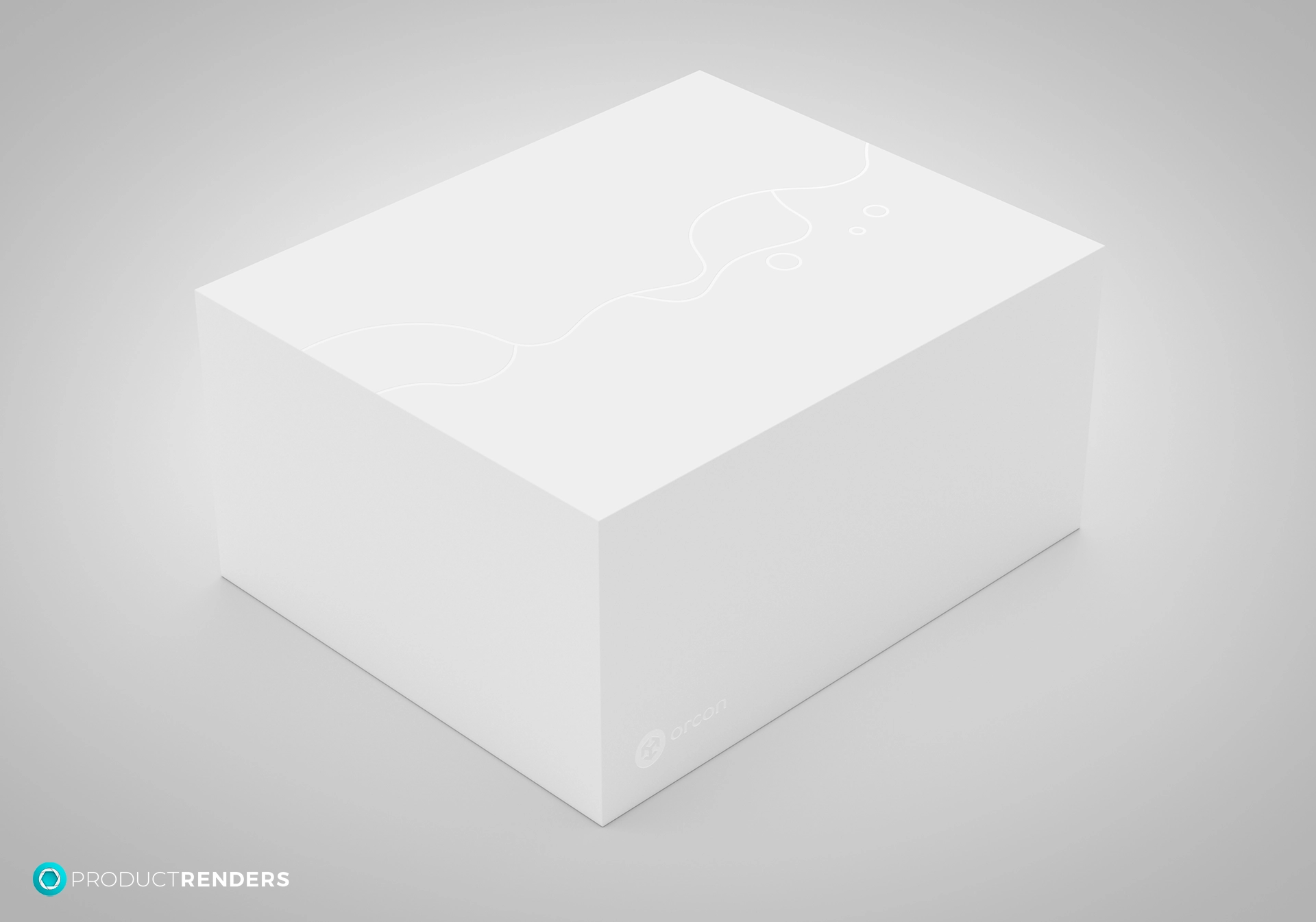 A white cardboard box with a simple spot UV line drawing on the top.