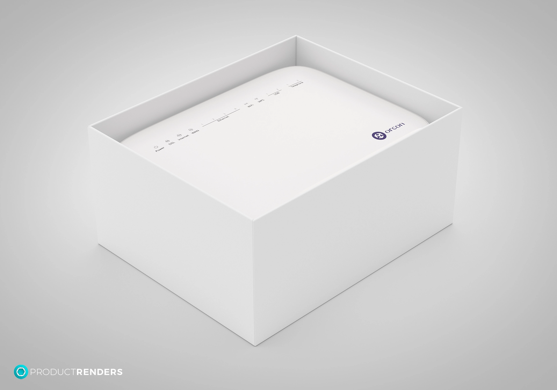 A white router inside a white cardboard box.