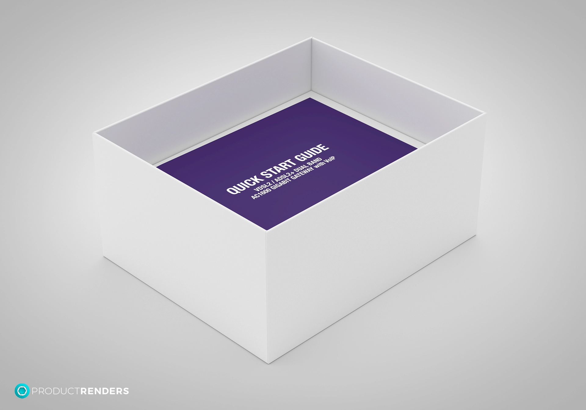 A purple quick start guide inside a white cardboard box.