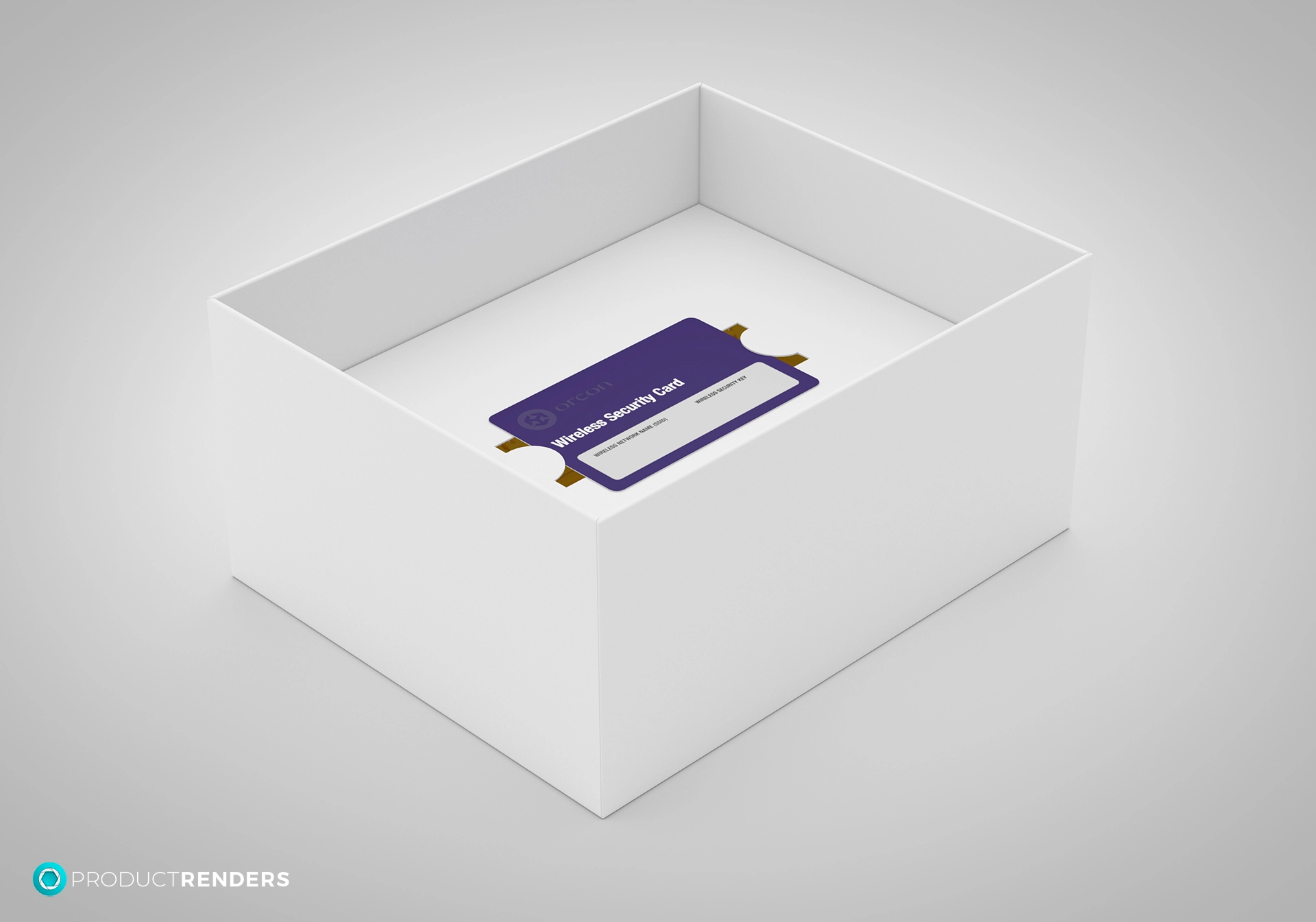 A purple wireless security card inside a white cardboard box.