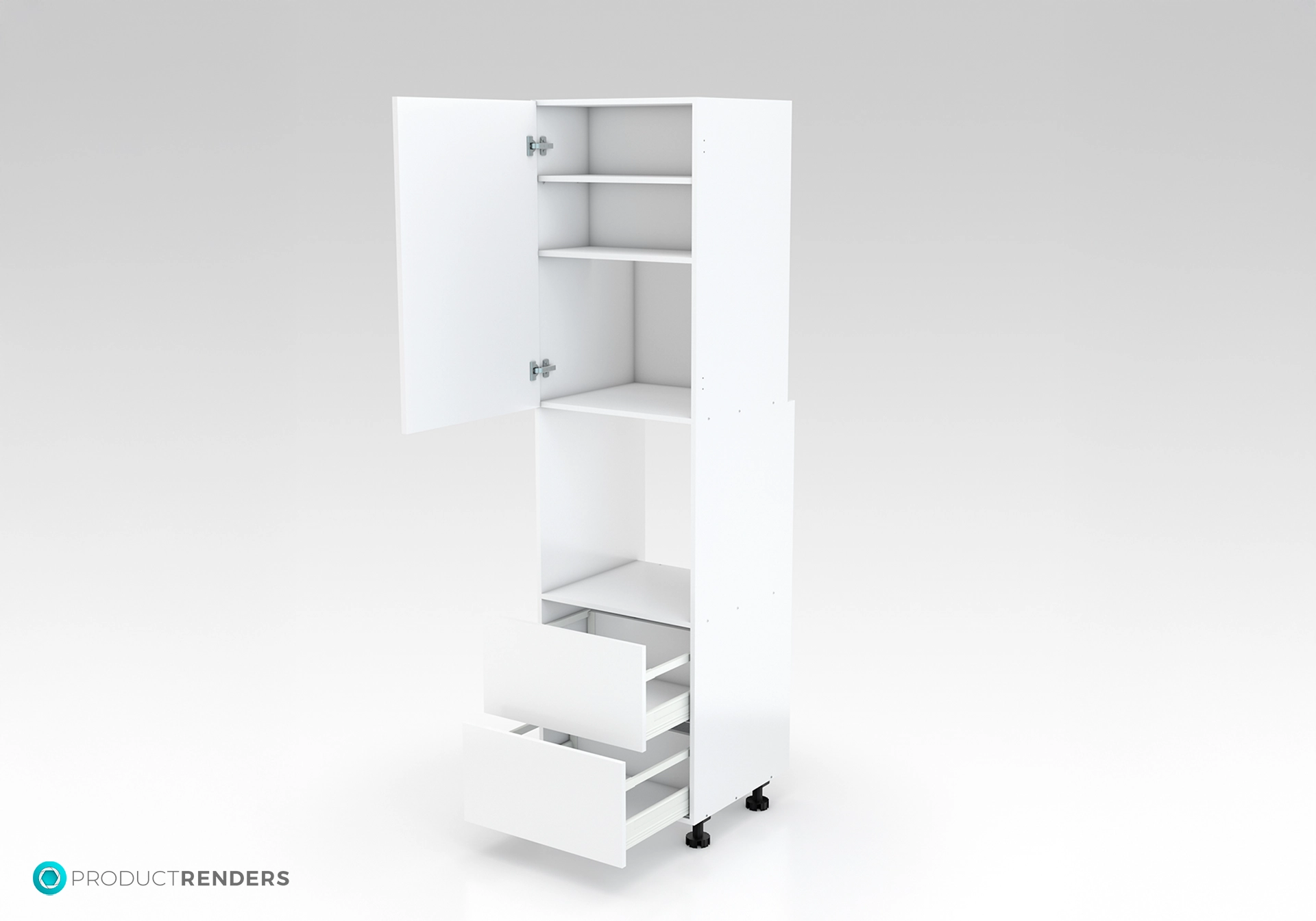 A tall white kitchen cabinet with two open doors, shelves, and two drawers on adjustable height feet.