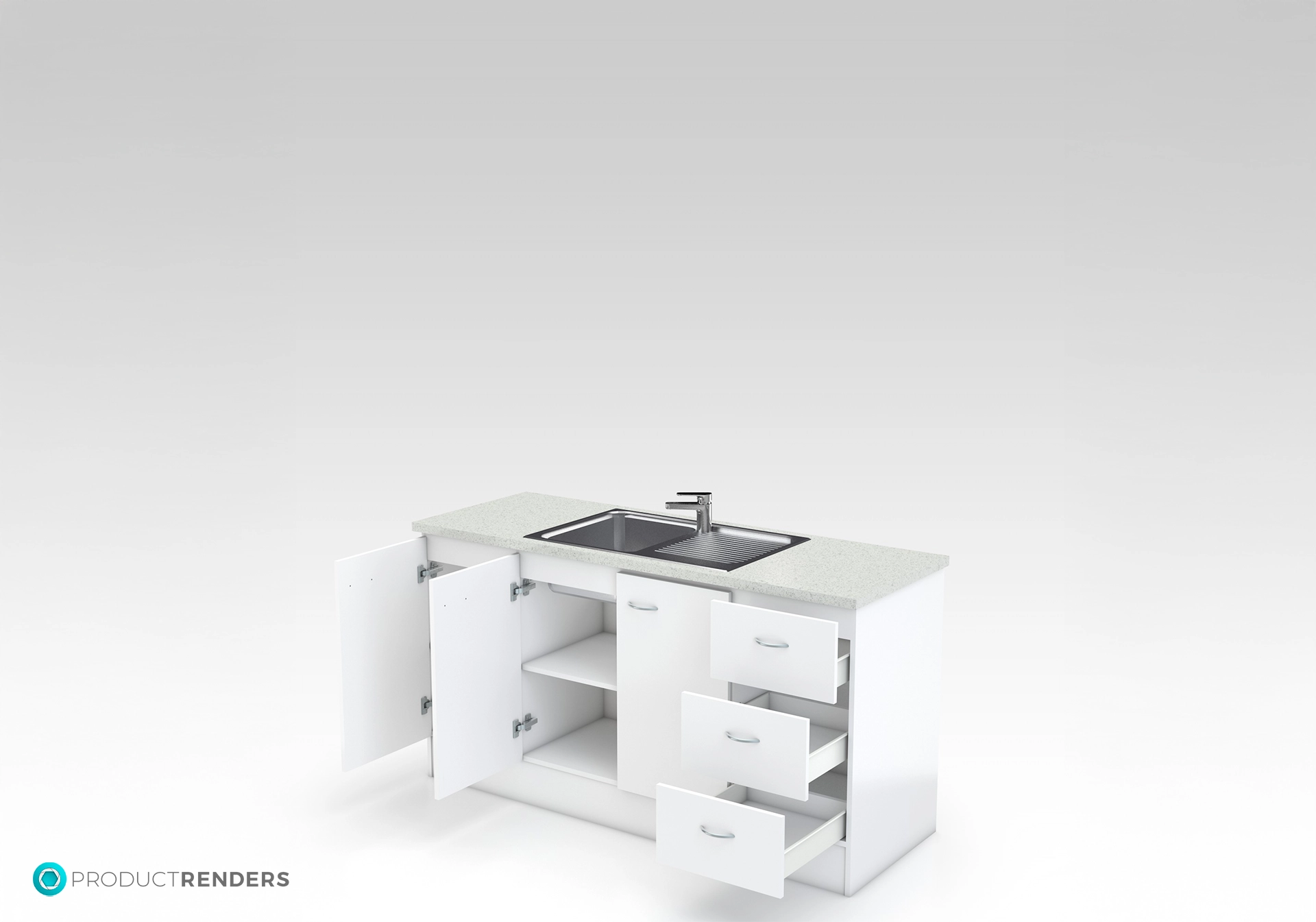 A white kitchen sink unit with two open doors and three open drawers.