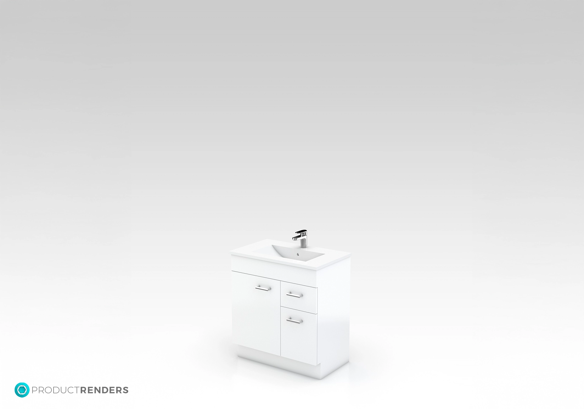 A white bathroom vanity with a sink and two drawers.