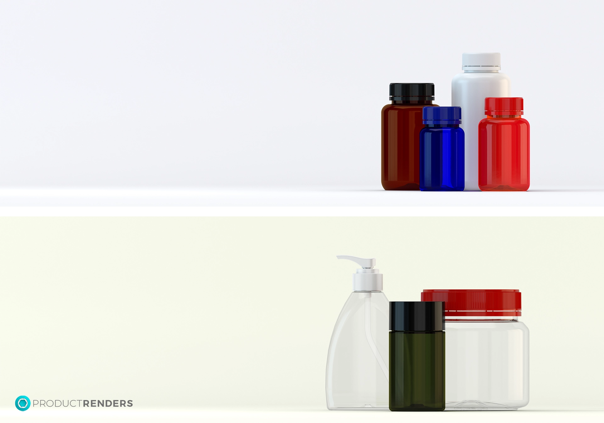 Six plastic bottles in various colours and shapes, arranged on a white shelf against a light blue and green background.