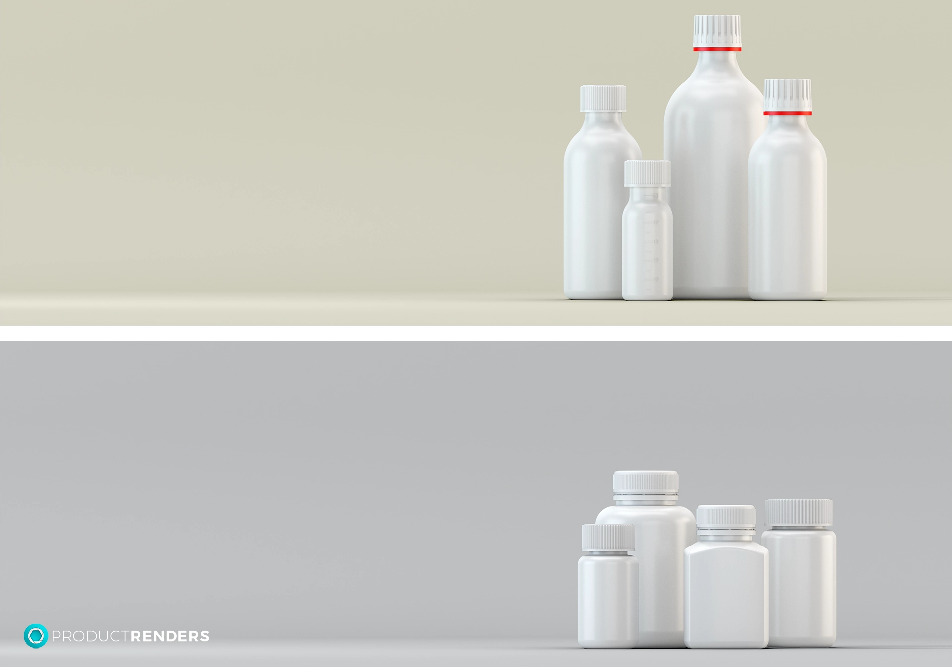 Six white plastic bottles with red and white lids, arranged on a light grey and beige background.