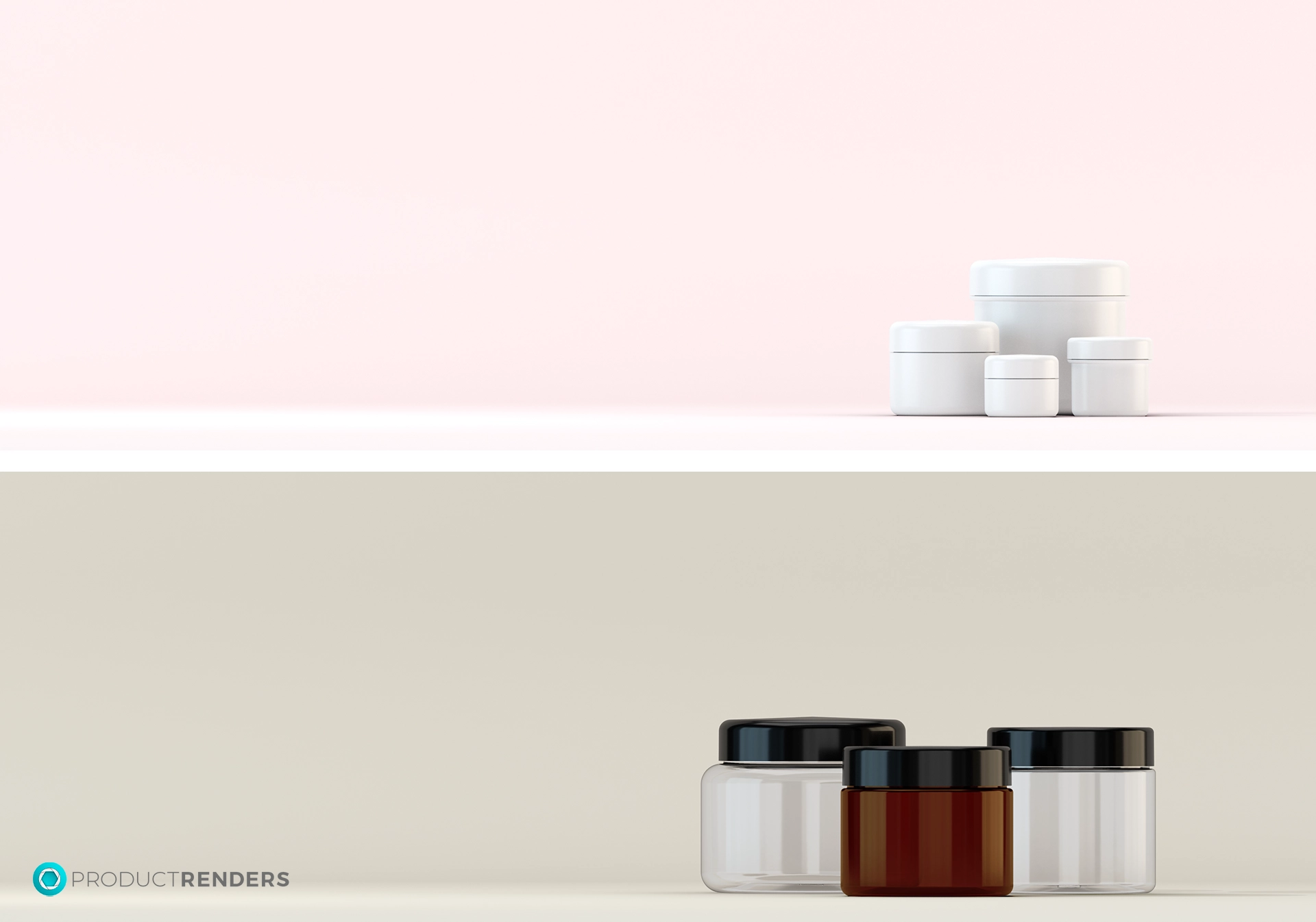 Six white and brown cosmetic jars on a white shelf against a light pink and green background.