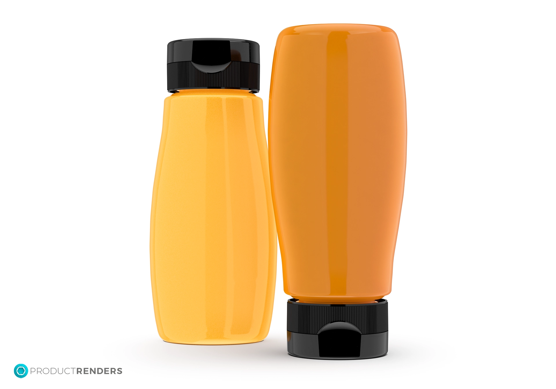 Two clear plastic squeeze bottles full of honey with black lids, one larger than the other.