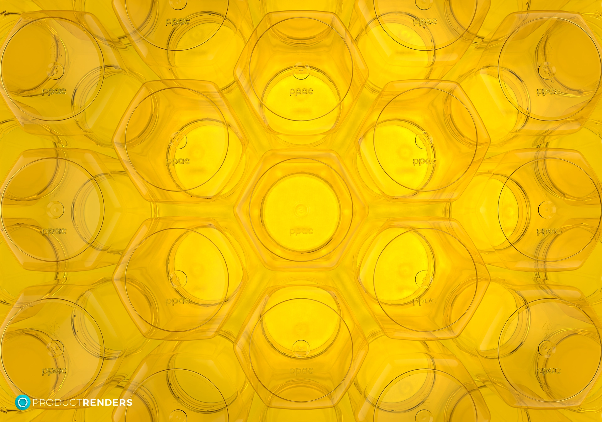 A repeating pattern of hexagon-shaped objects with a yellow background.