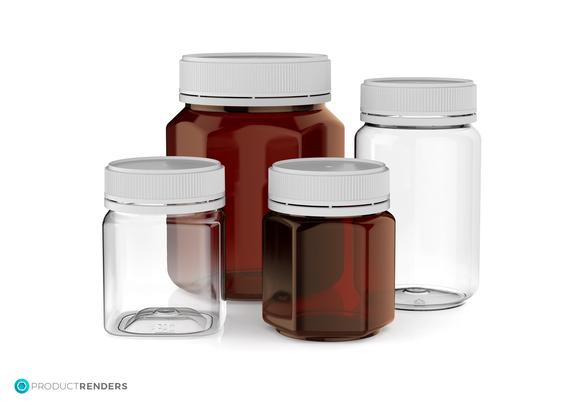 Four plastic jars with white lids, two clear and two amber, arranged on a white background.