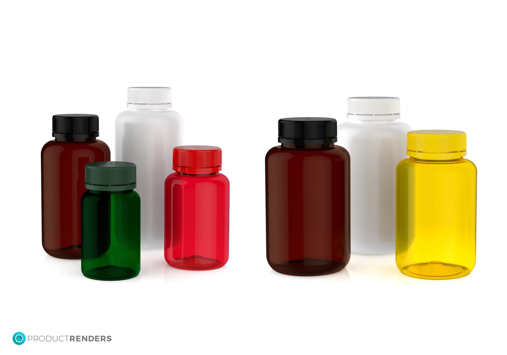 Seven pill bottles of various colours and sizes, with white and black lids, arranged on a white background.