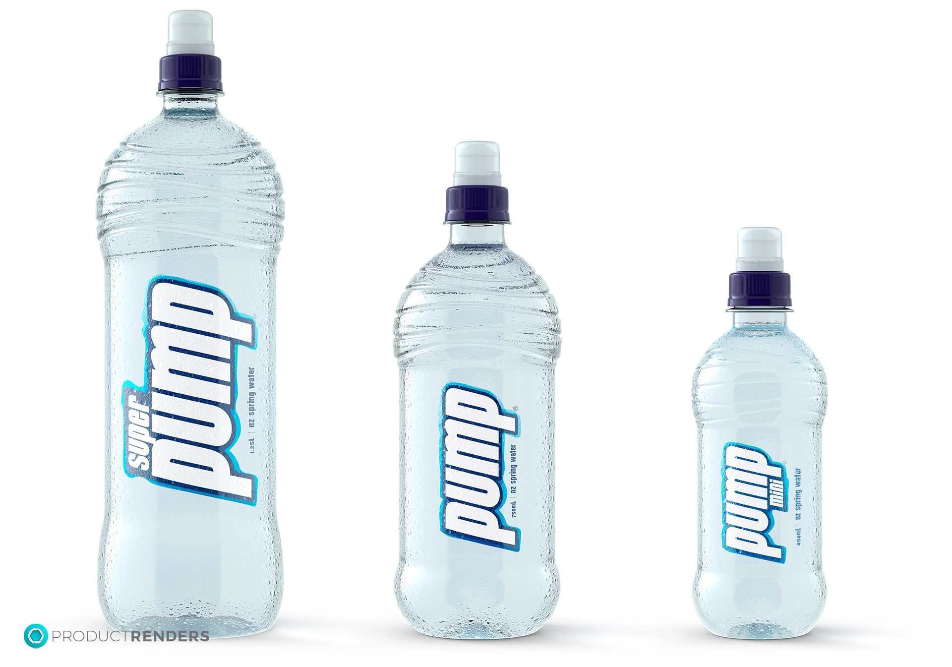 Three Pumped water bottles in different sizes: large, medium, and small.