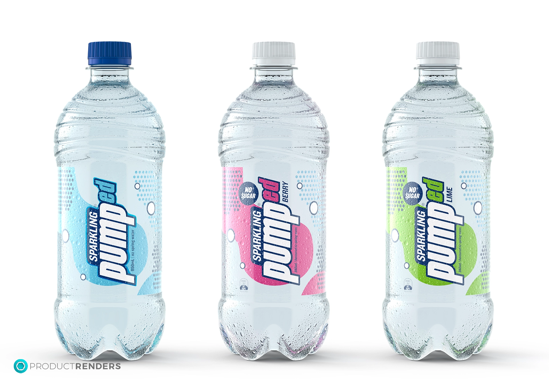 Three Pumped sparkling water bottles with different fruit flavours: blue, berry, and lime.