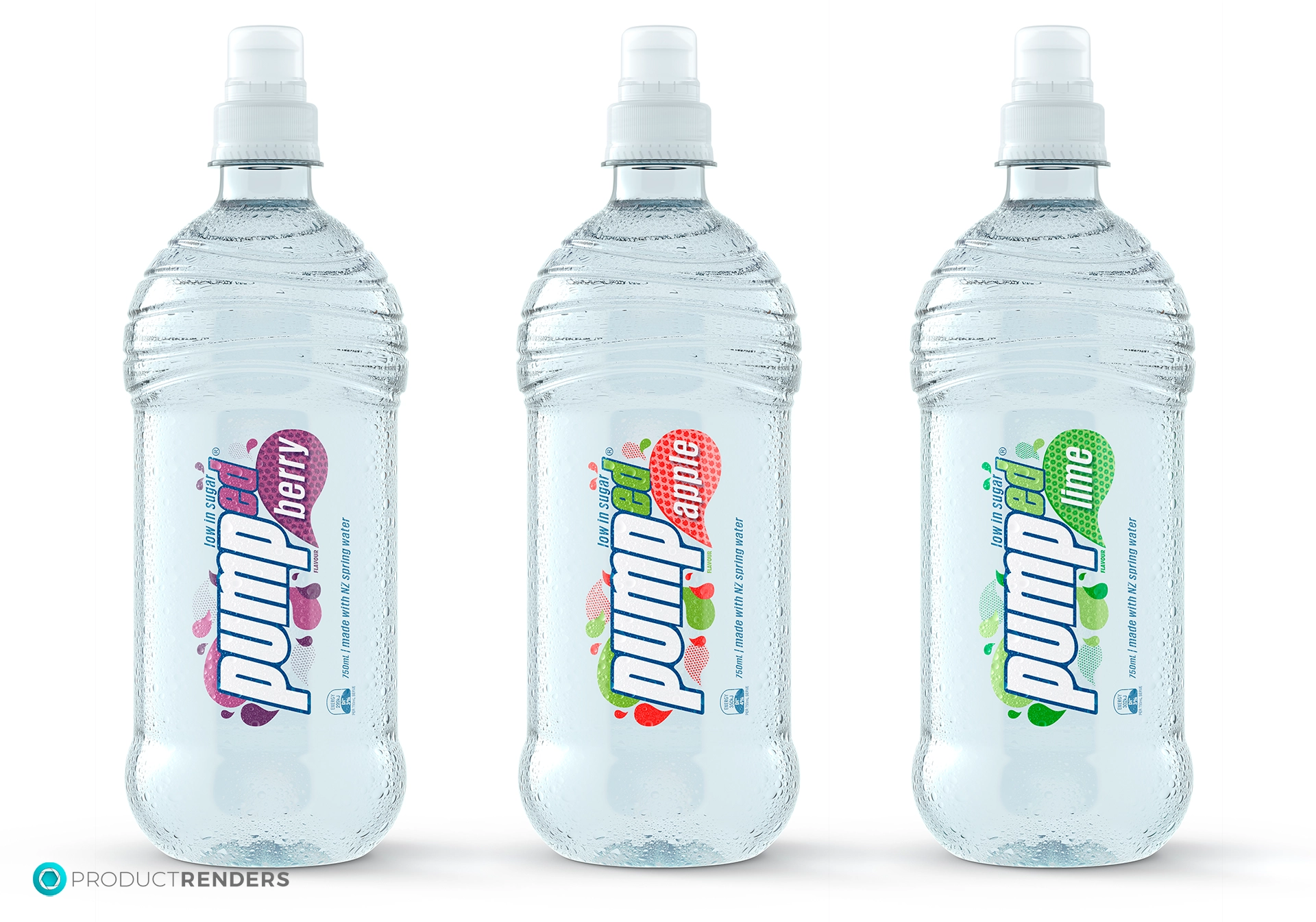 Three Pumped water bottles with different fruit flavours: berry, apple, and lime.