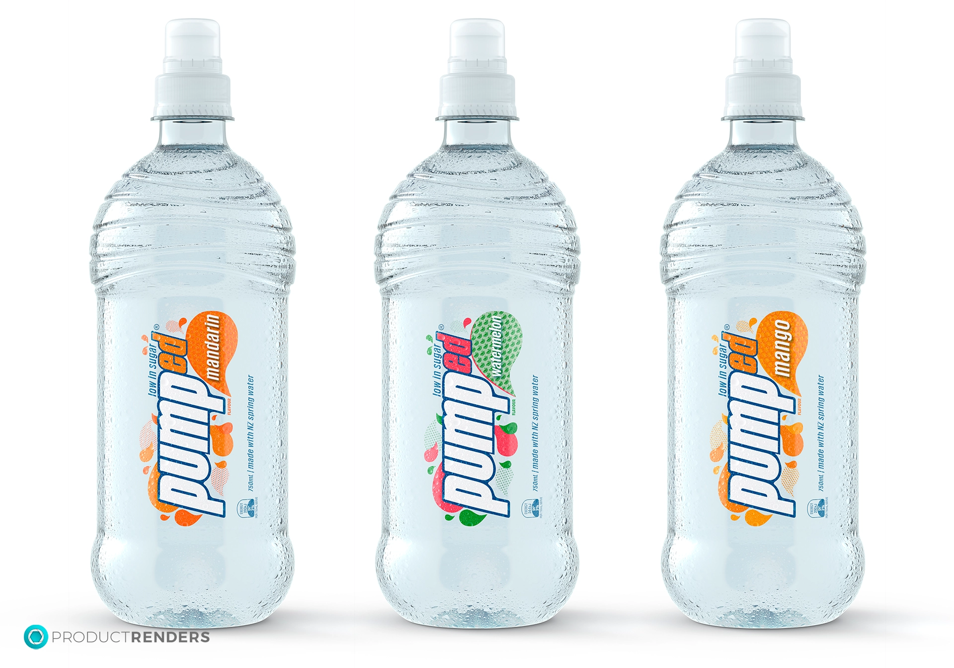 Three Pumped water bottles with different fruit flavours: orange, watermelon, and mango.