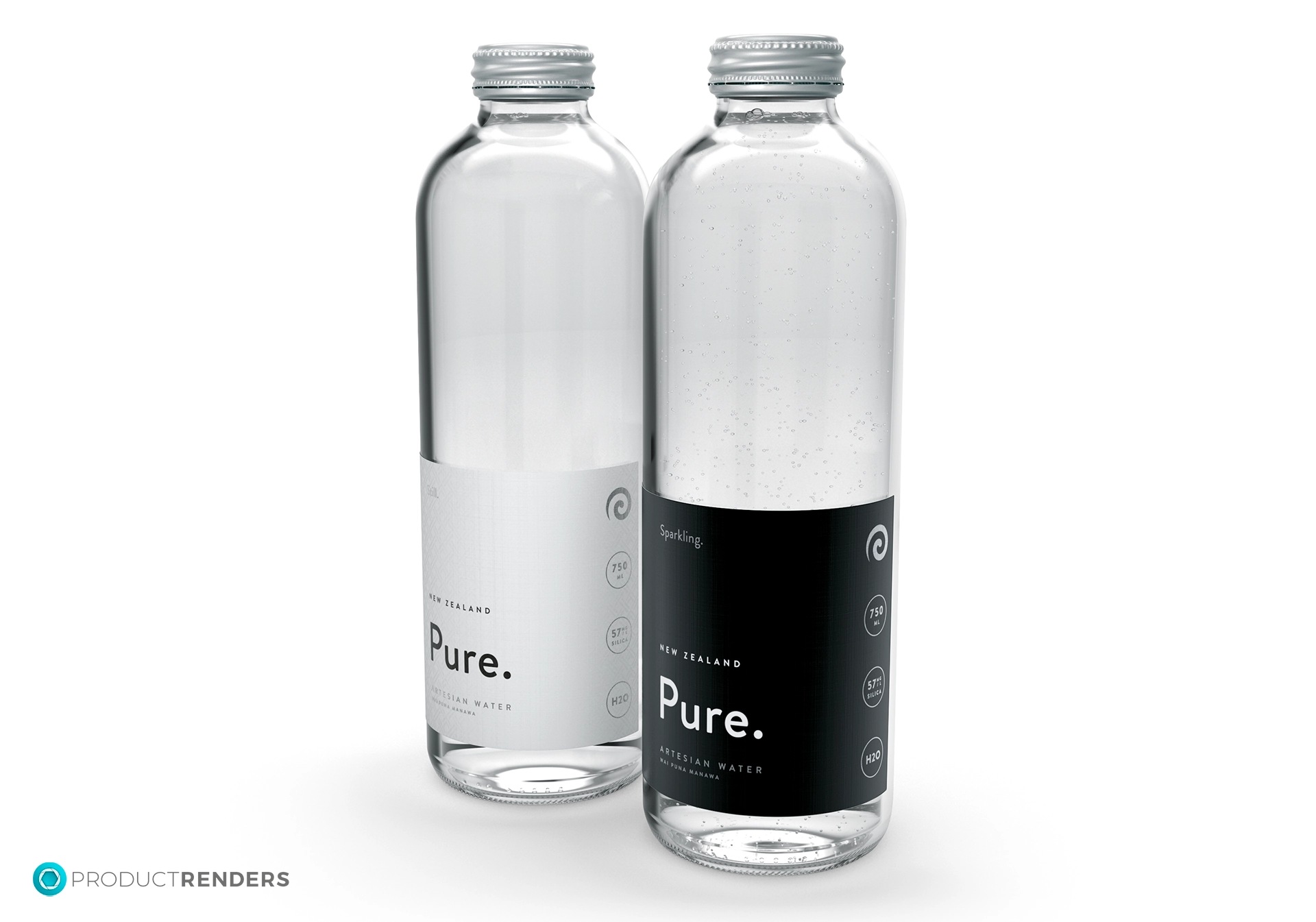 Two clear glass bottles of New Zealand Pure Artesian Water with silver caps.