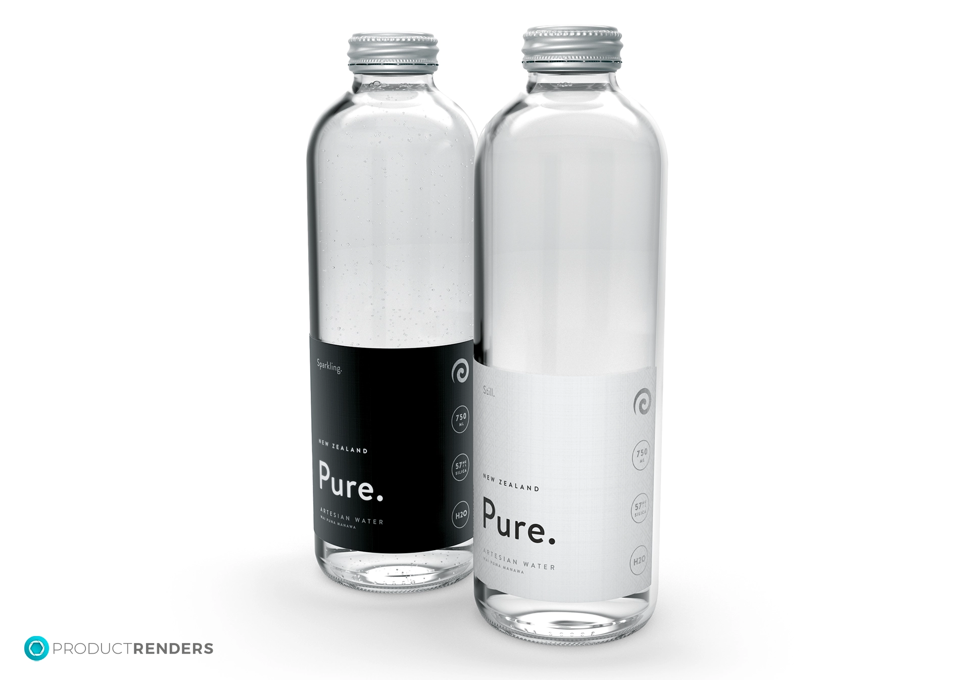 Two clear glass bottles of New Zealand Pure Artesian Water with silver caps.