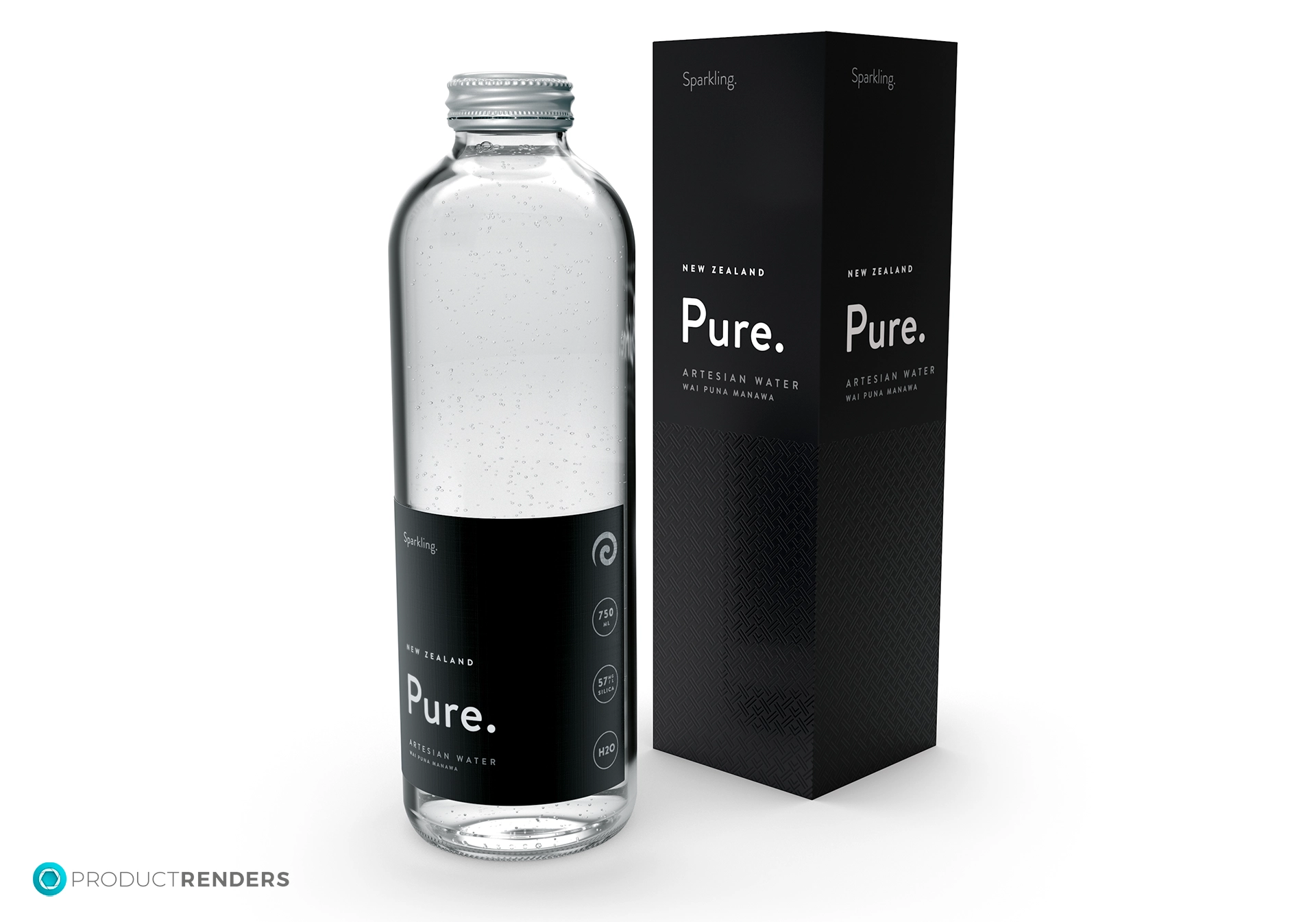 A clear glass bottle of New Zealand Pure Artesian Water with a silver cap, next to a black box with the same branding.