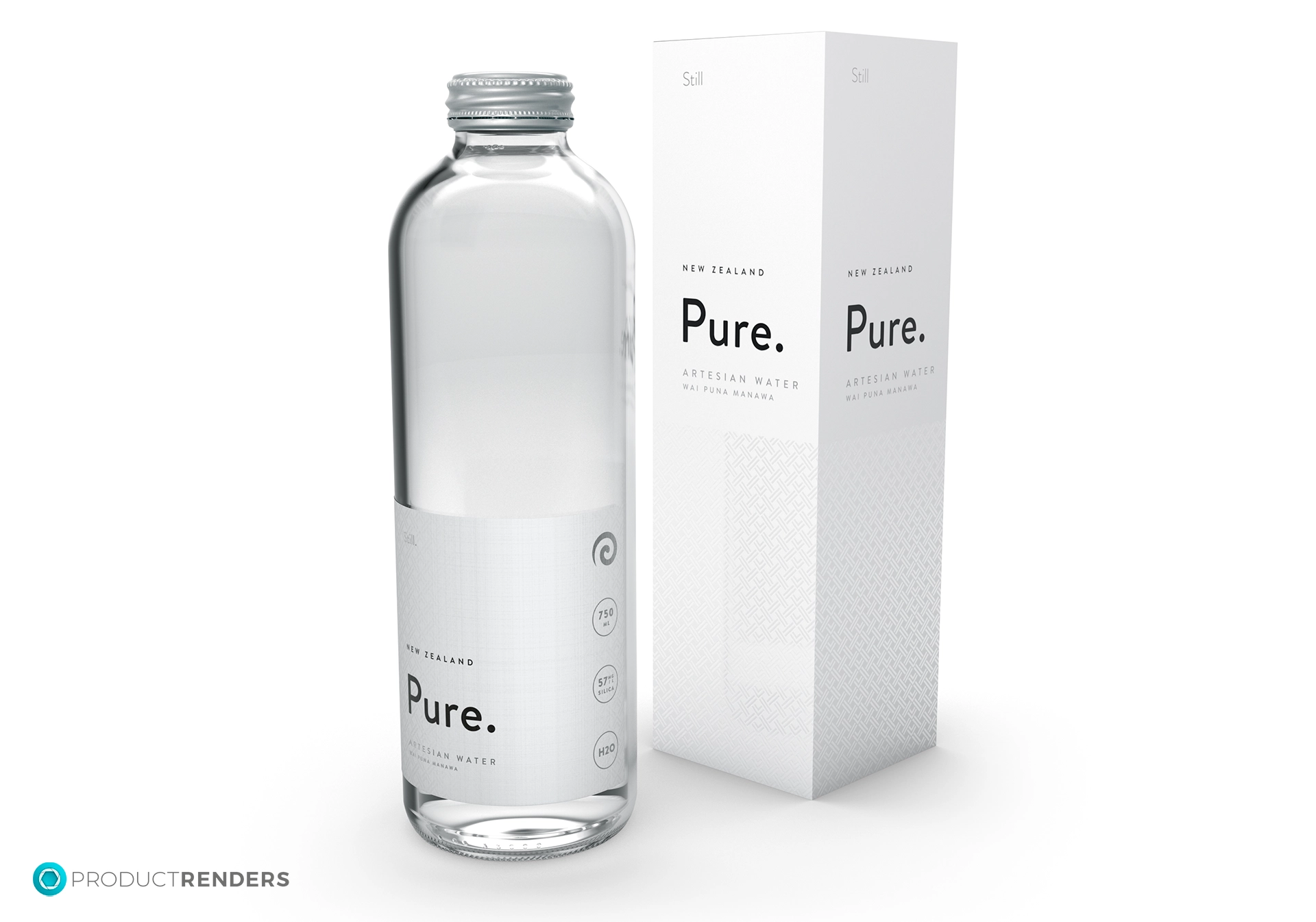 A clear glass bottle of New Zealand Pure Artesian Water with a silver cap, next to a white box with the same branding.