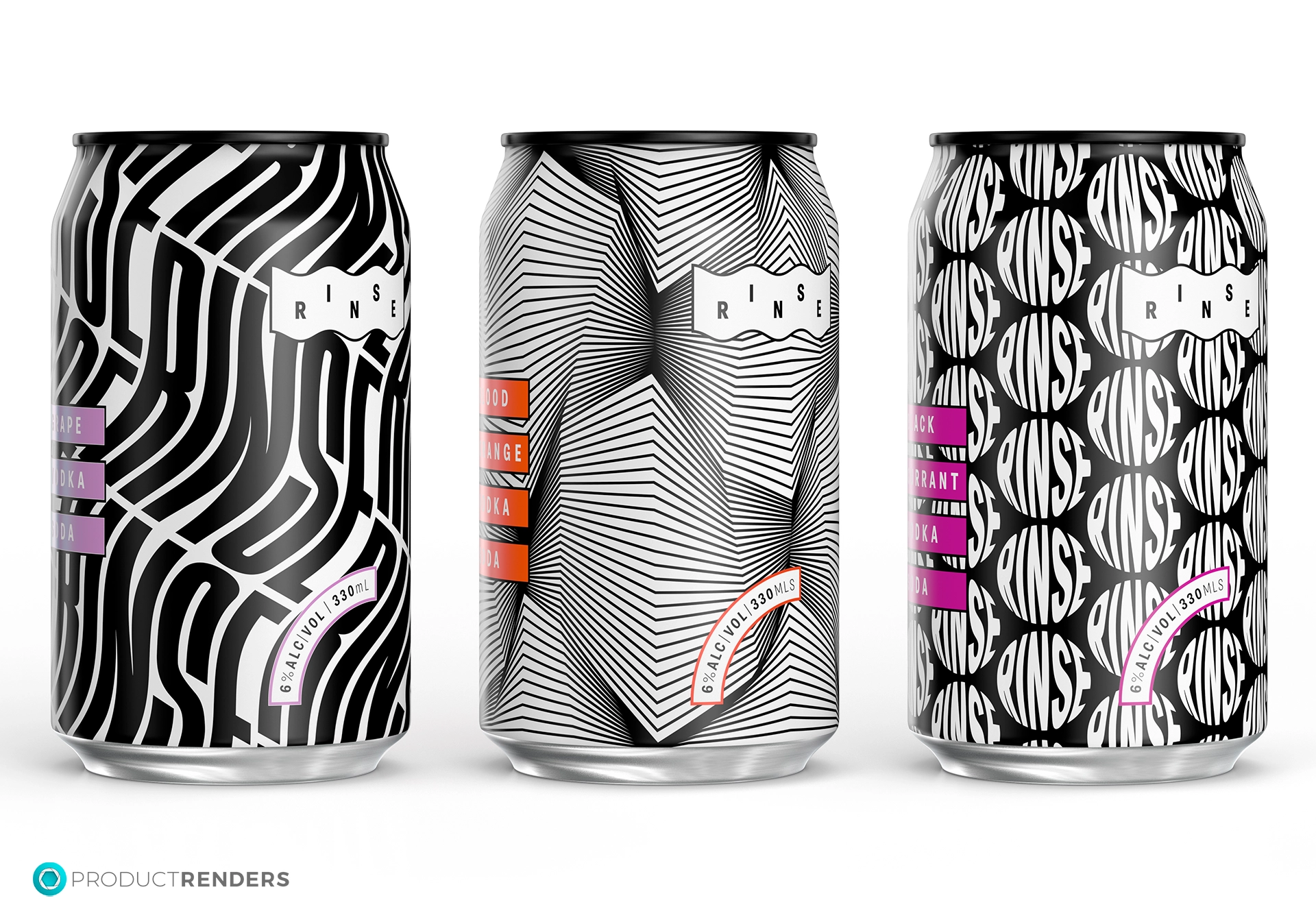 Three Rinse Vodka drink cans with different black and white patterns.