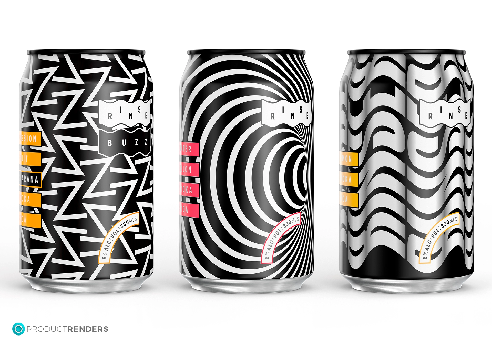 Three Rinse vodka drink cans with different black and white patterns.