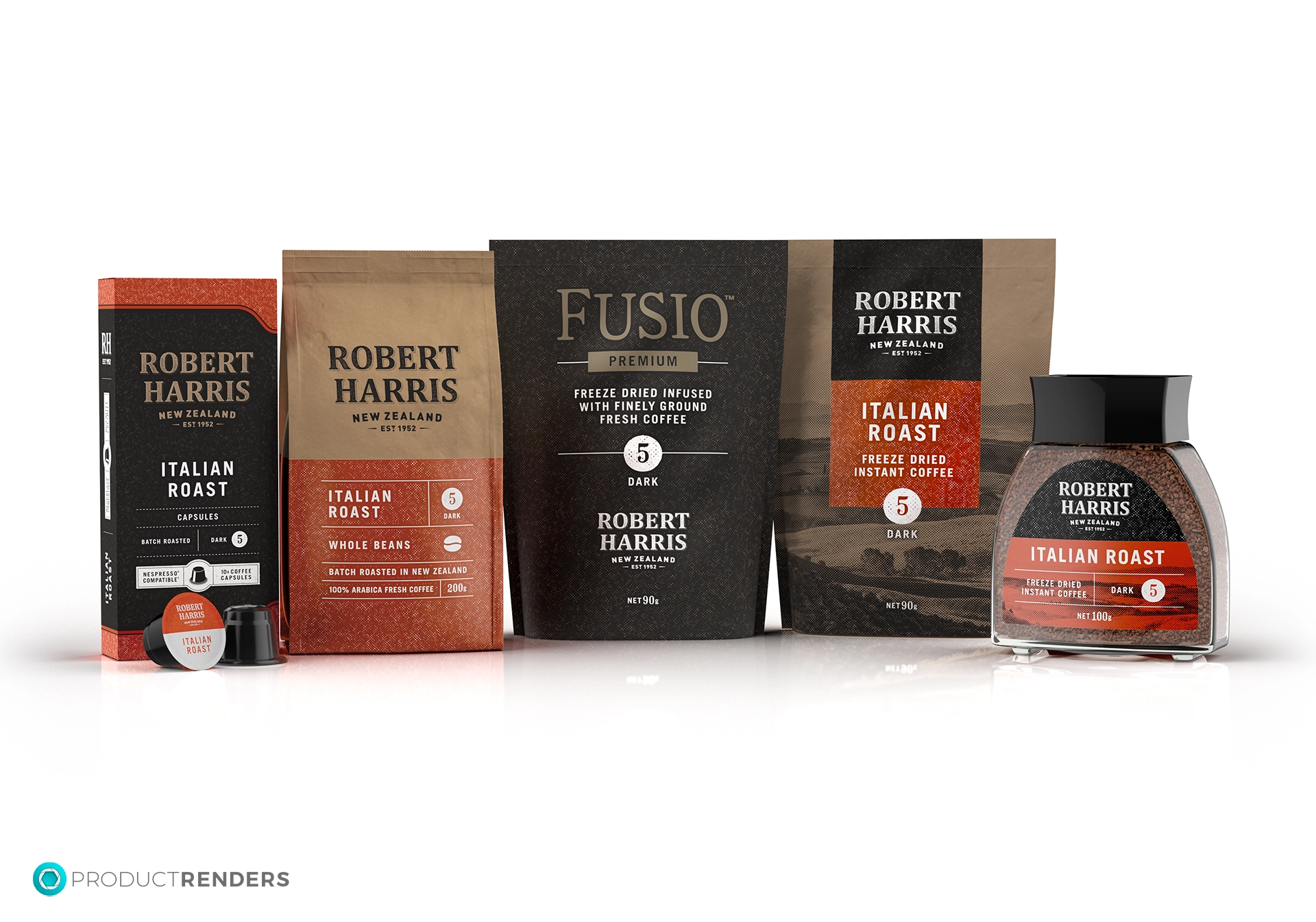 Five different types of Robert Harris Italian Roast coffee.