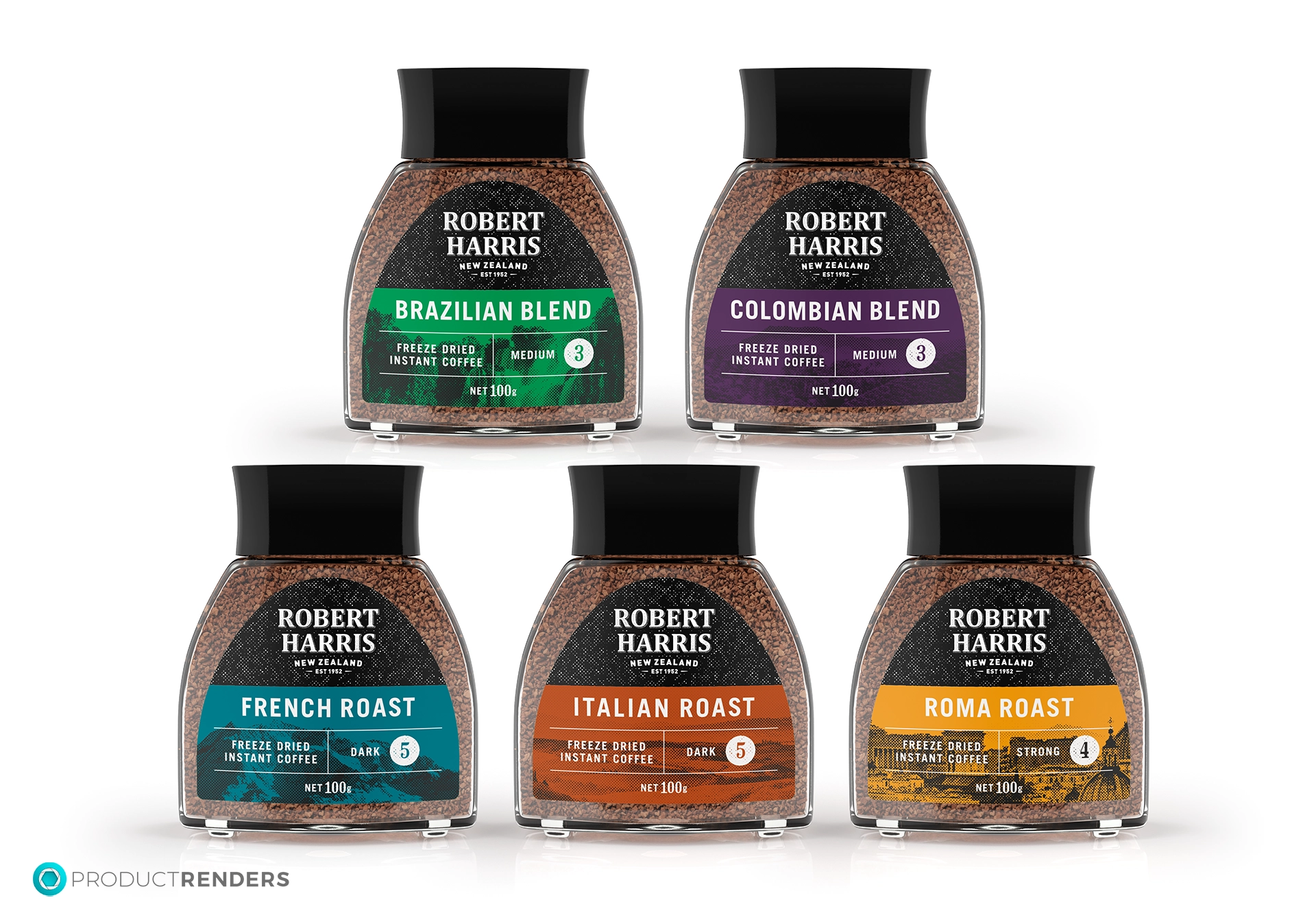 Five jars of Robert Harris instant coffee in different flavours: Brazilian Blend, Colombian Blend, French Roast, Italian Roast, and Roma Roast.