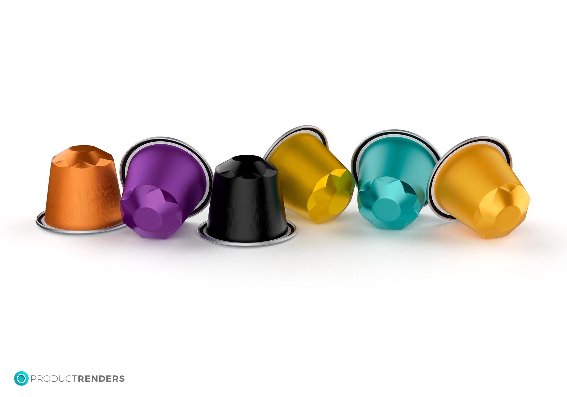 Six colourful Nespresso style coffee capsules in different flavours.