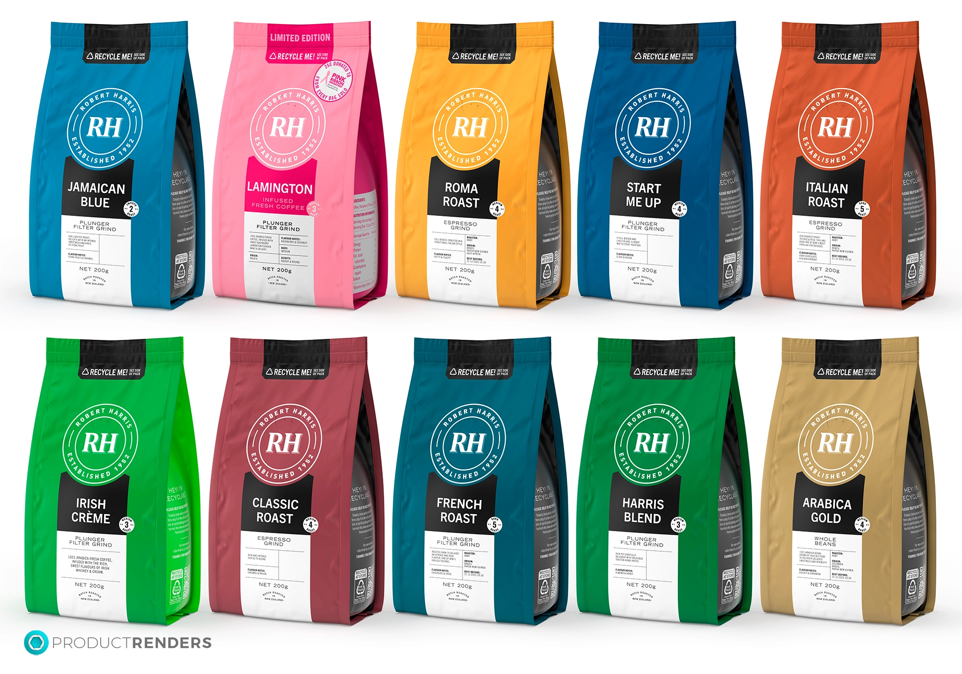 Ten different types of Robert Harris coffee beans, each with a unique colour and flavour.