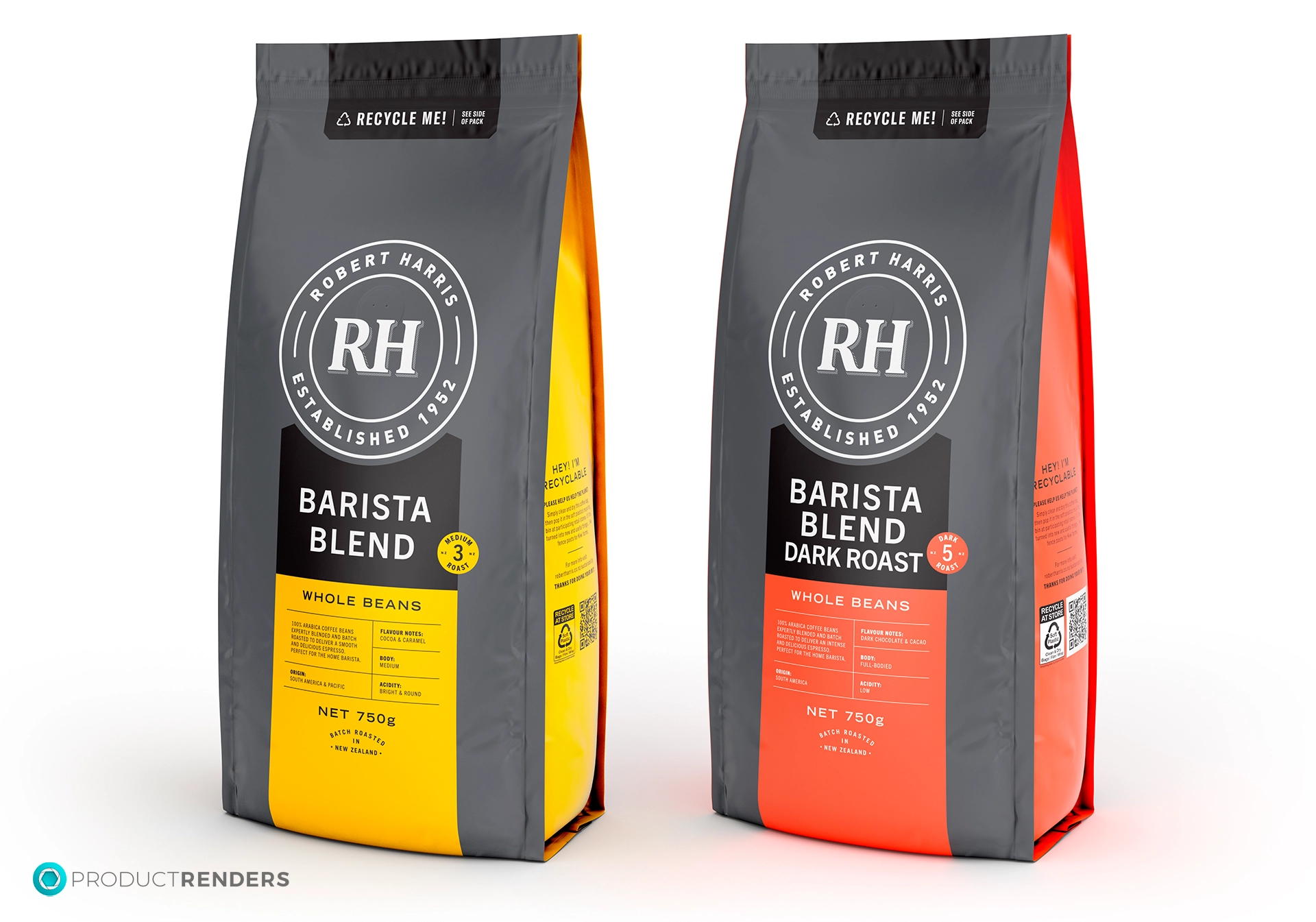 Two bags of Robert Harris coffee, Barista Blend and Barista Blend Dark Roast, on a white background.