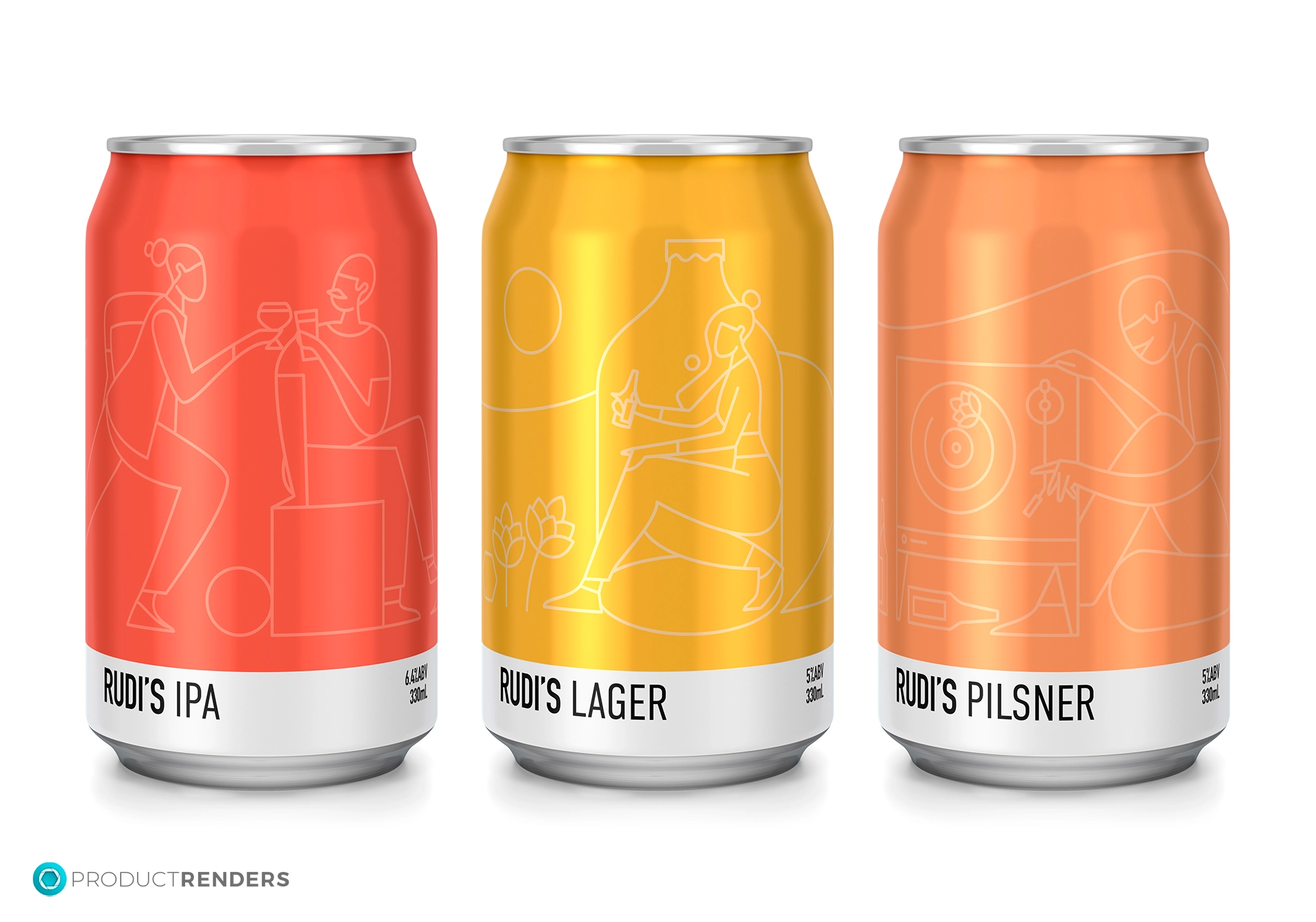 Three white aluminium cans of Rudi's beer, showing the front of the IPA, Lager, and Pilsner.