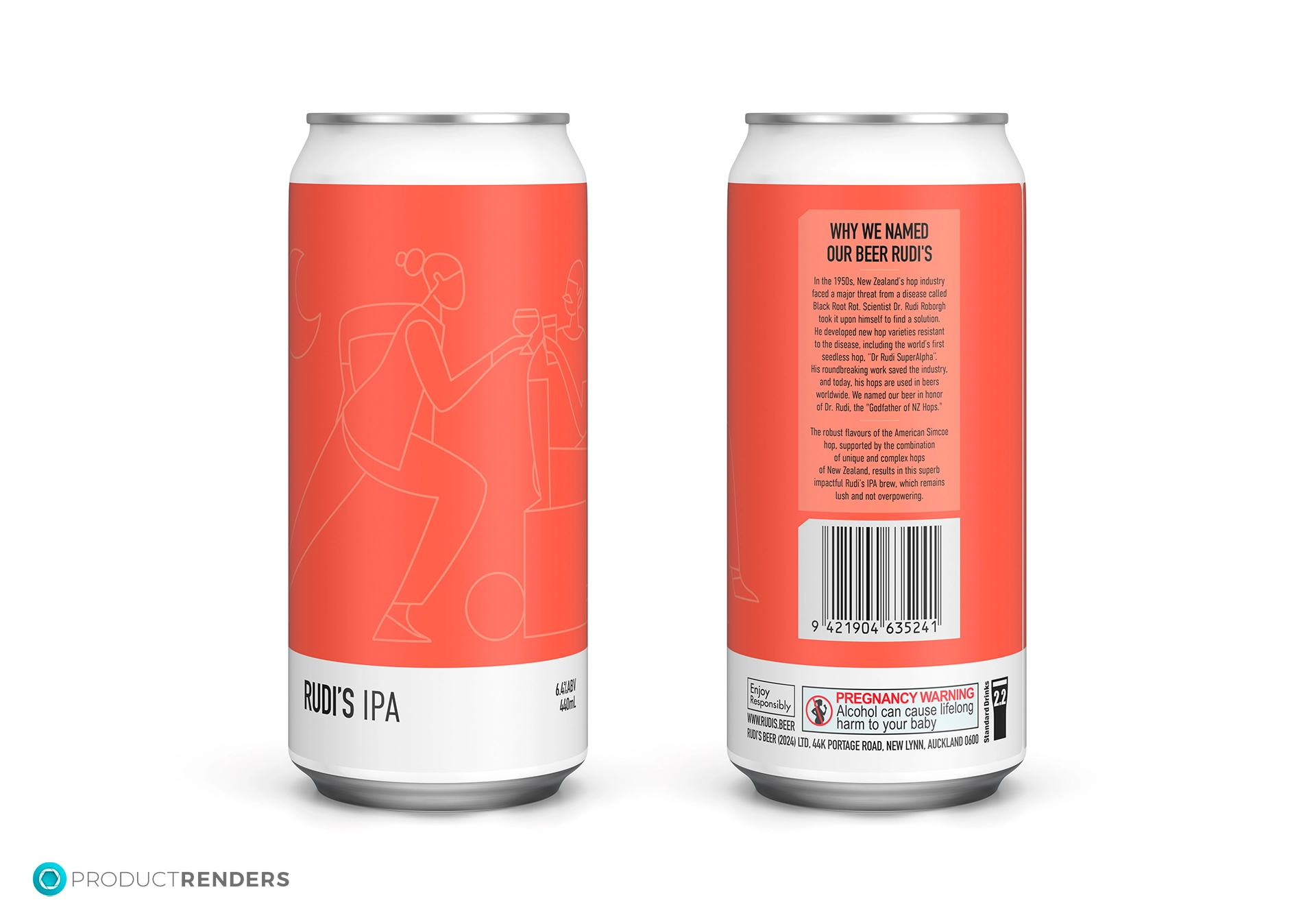 Two white aluminium cans of Rudi's IPA beer, one showing the front and the other showing the back.