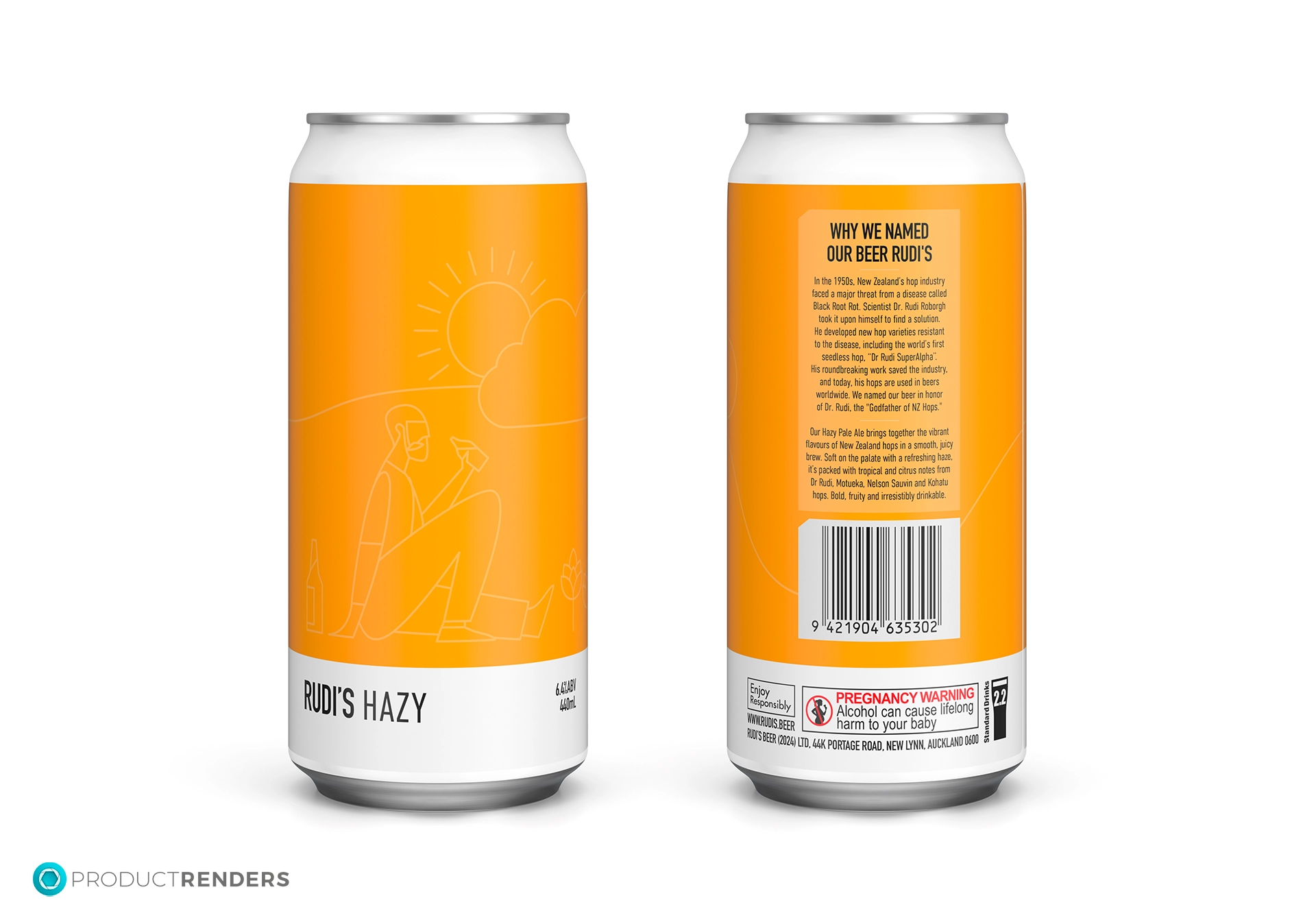 Two white aluminium cans of Rudi's Hazy beer, one showing the front and the other showing the back.