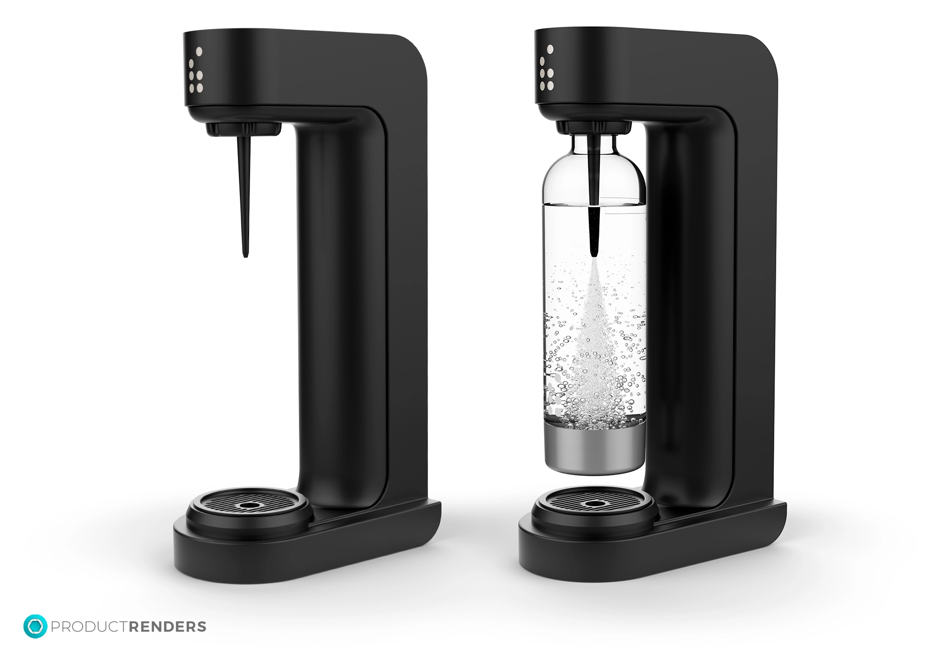 A black soda maker machine with a bottle, showing the process of carbonating water.