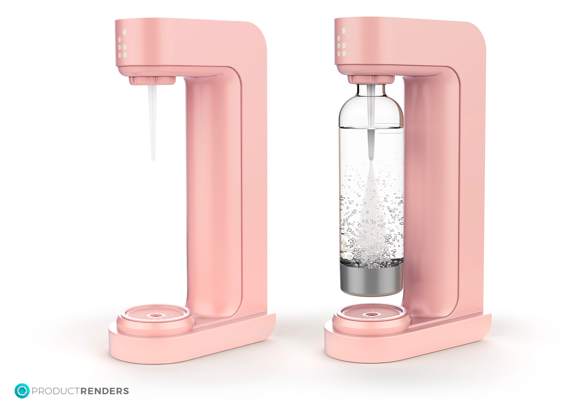 A pink soda maker machine with a bottle, showing the process of carbonating water.