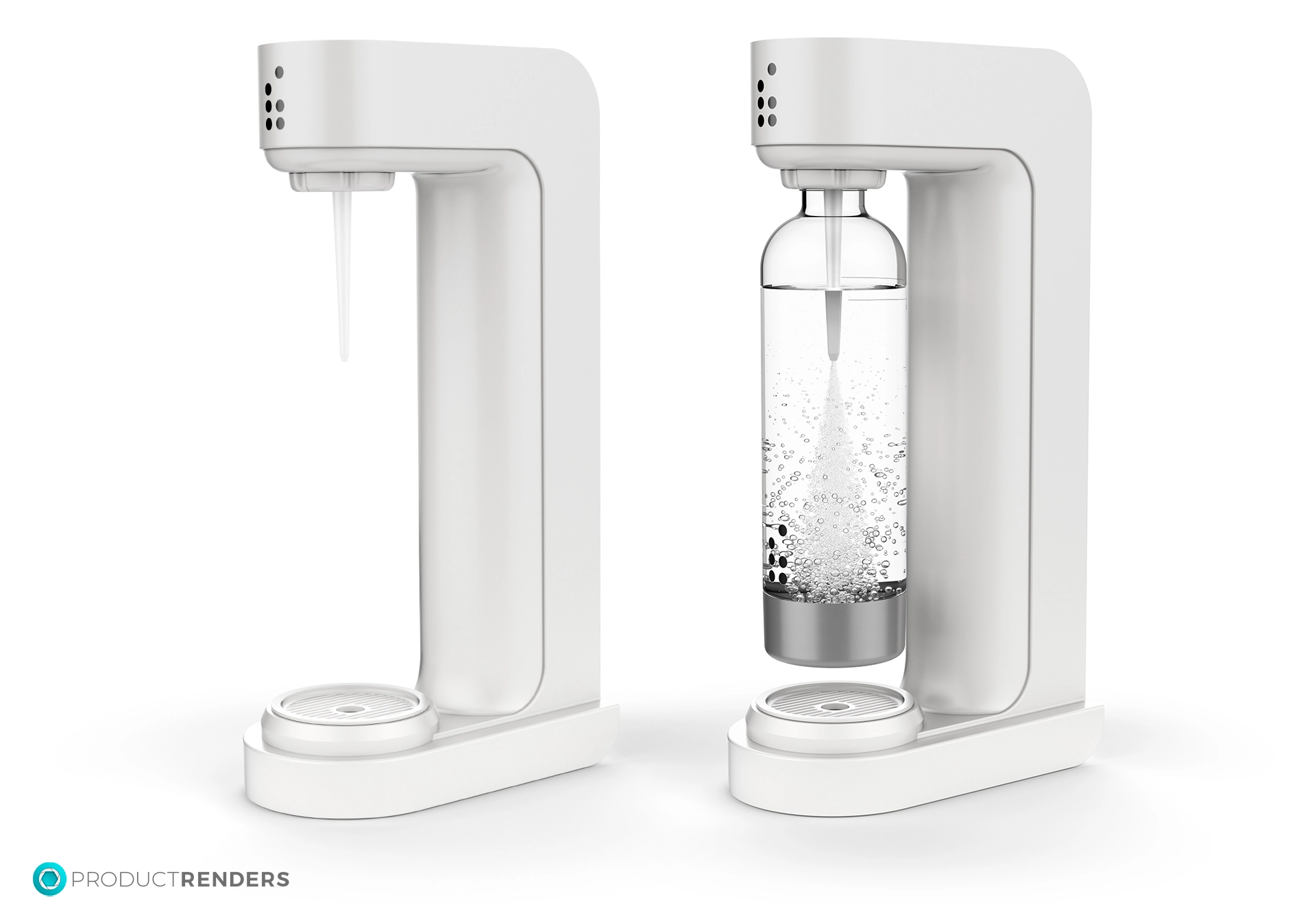 A white soda maker machine with a bottle, showing the process of carbonating water.