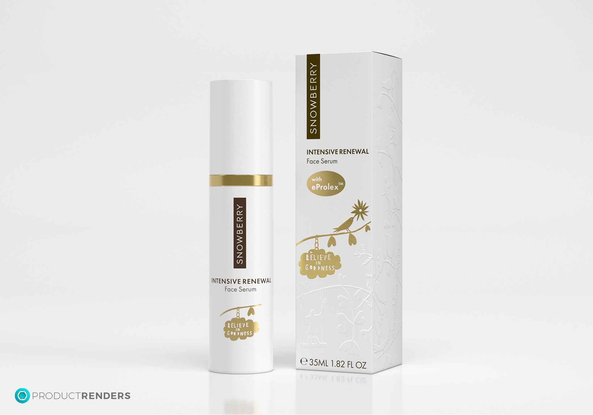 A Snowberry Intensive Renewal Face Serum bottle and box with a white and gold design.