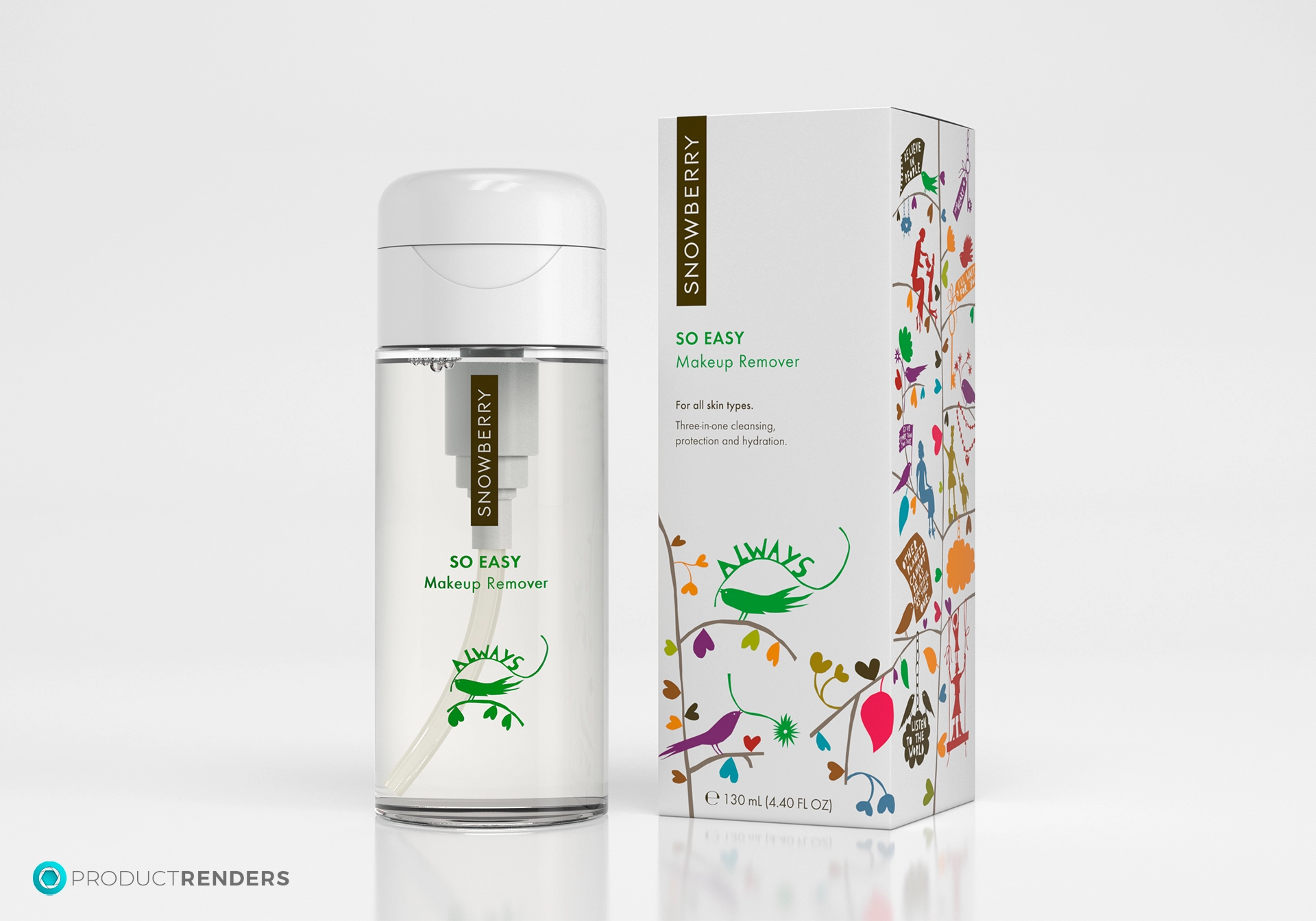 A Snowberry So Easy Makeup Remover bottle and box with a colourful design.