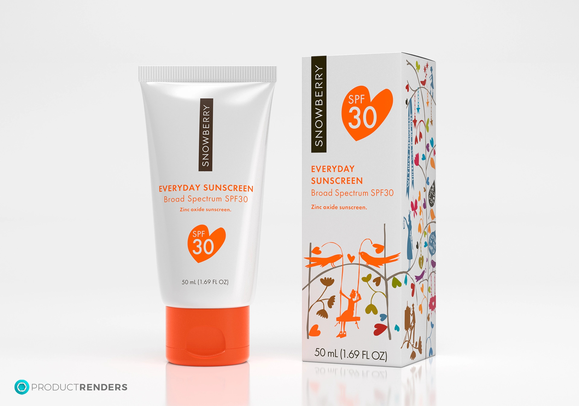 A Snowberry Everyday Sunscreen SPF 30 tube and box with a colourful design.