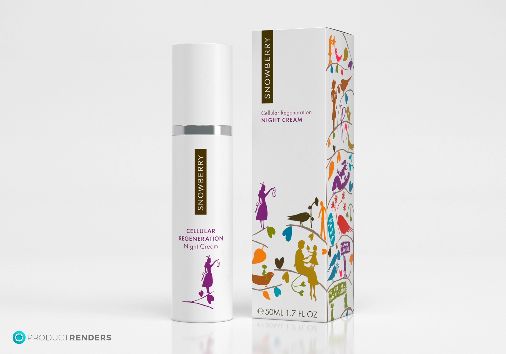 A Snowberry Cellular Regeneration Night Cream bottle and box with a colourful illustration.