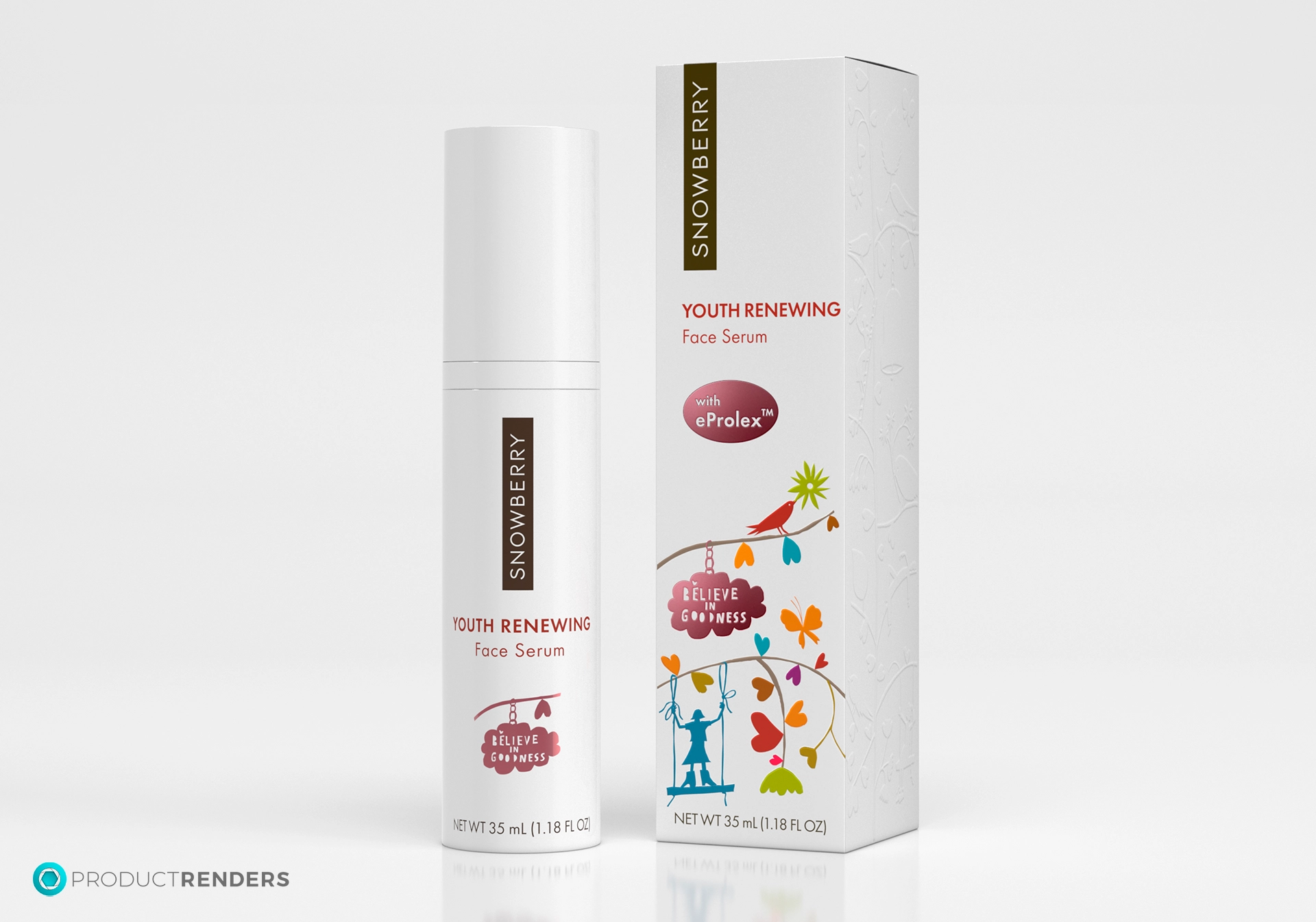 A Snowberry Youth Renewing Face Serum bottle and box with a colourful design.