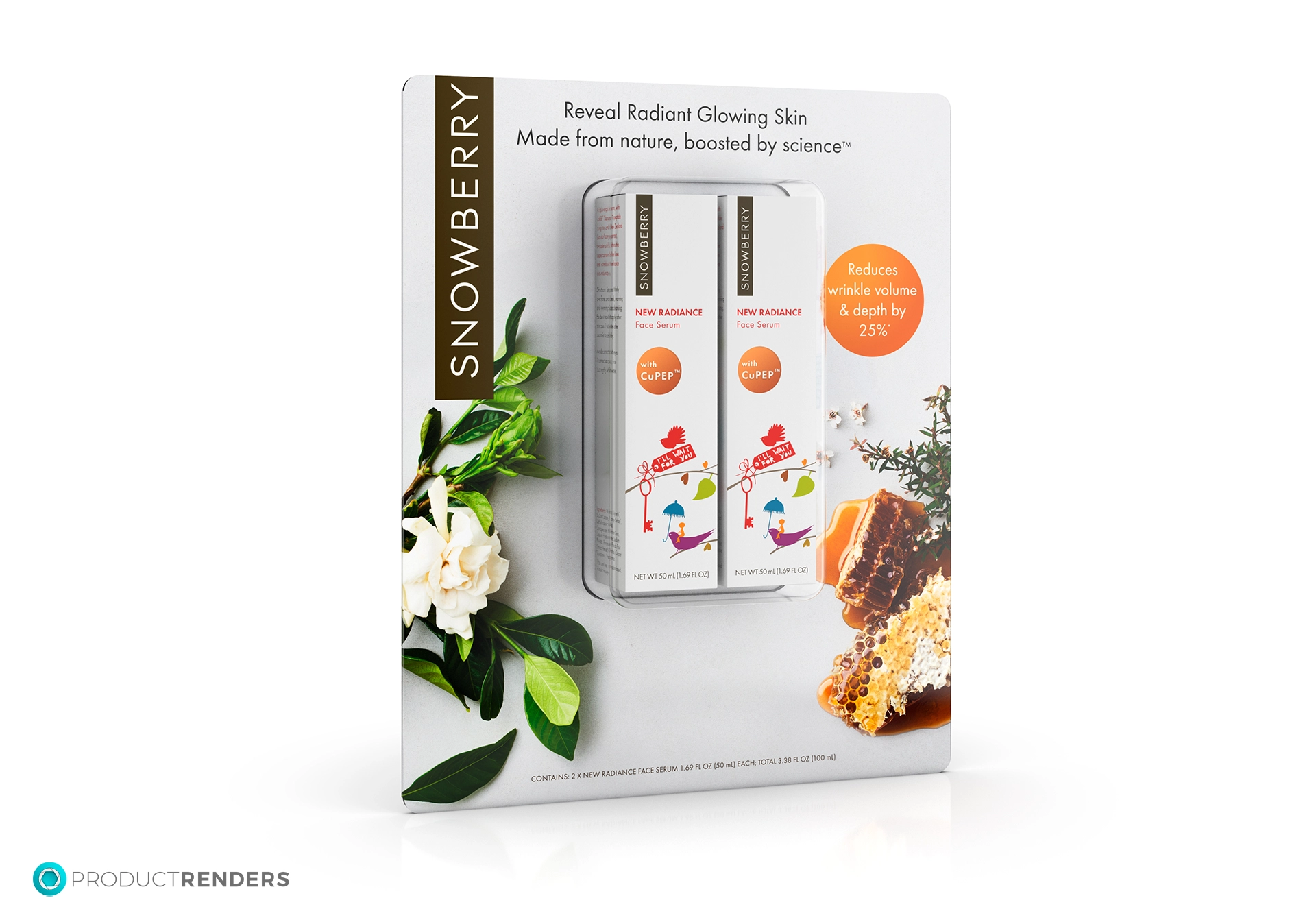 Two Snowberry New Radiance Face Serums in a display box with flowers and honeycomb.