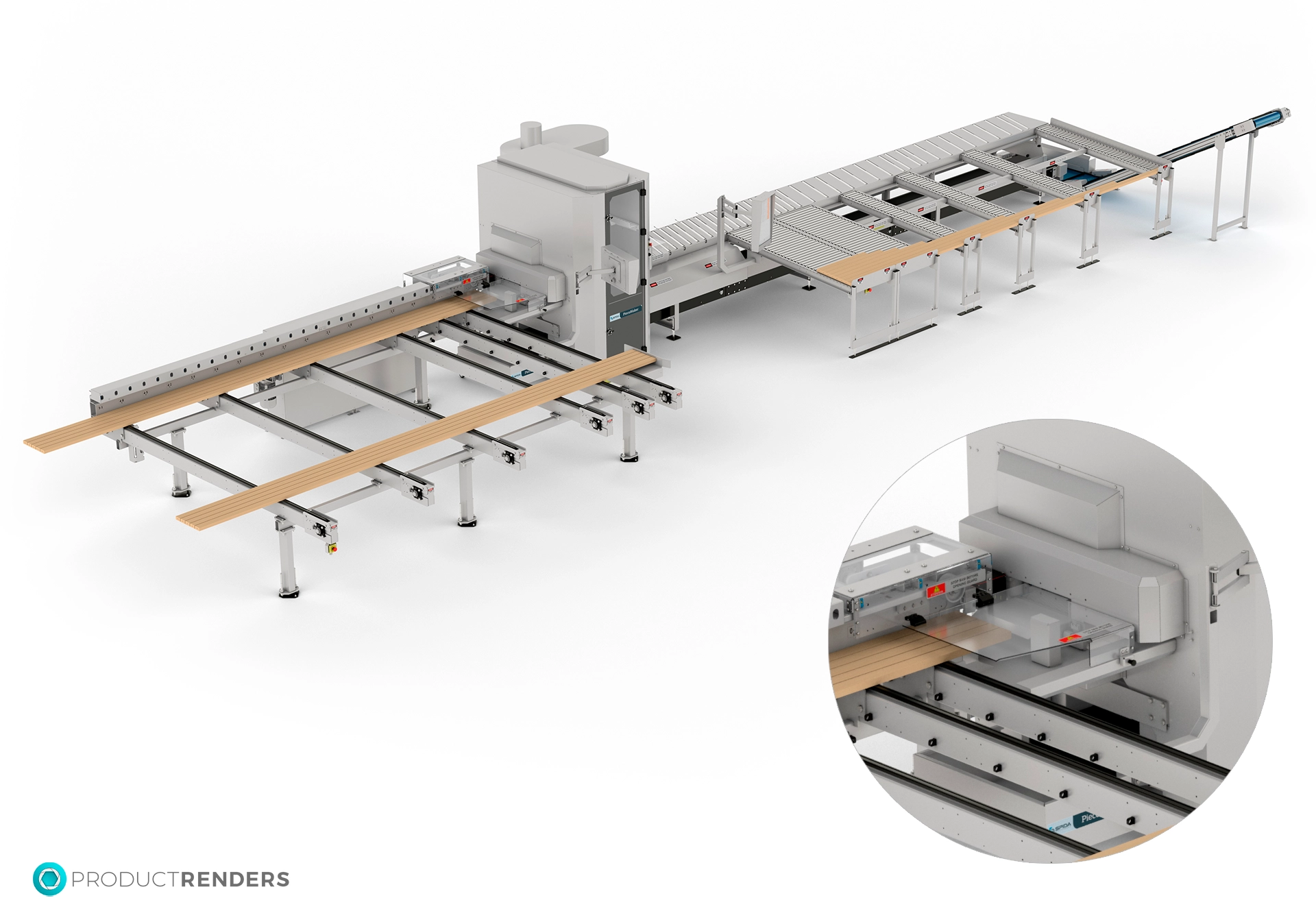 A large Spida Peacemaker wood cutting machine with a conveyor belt, and a close-up of a cutting blade.