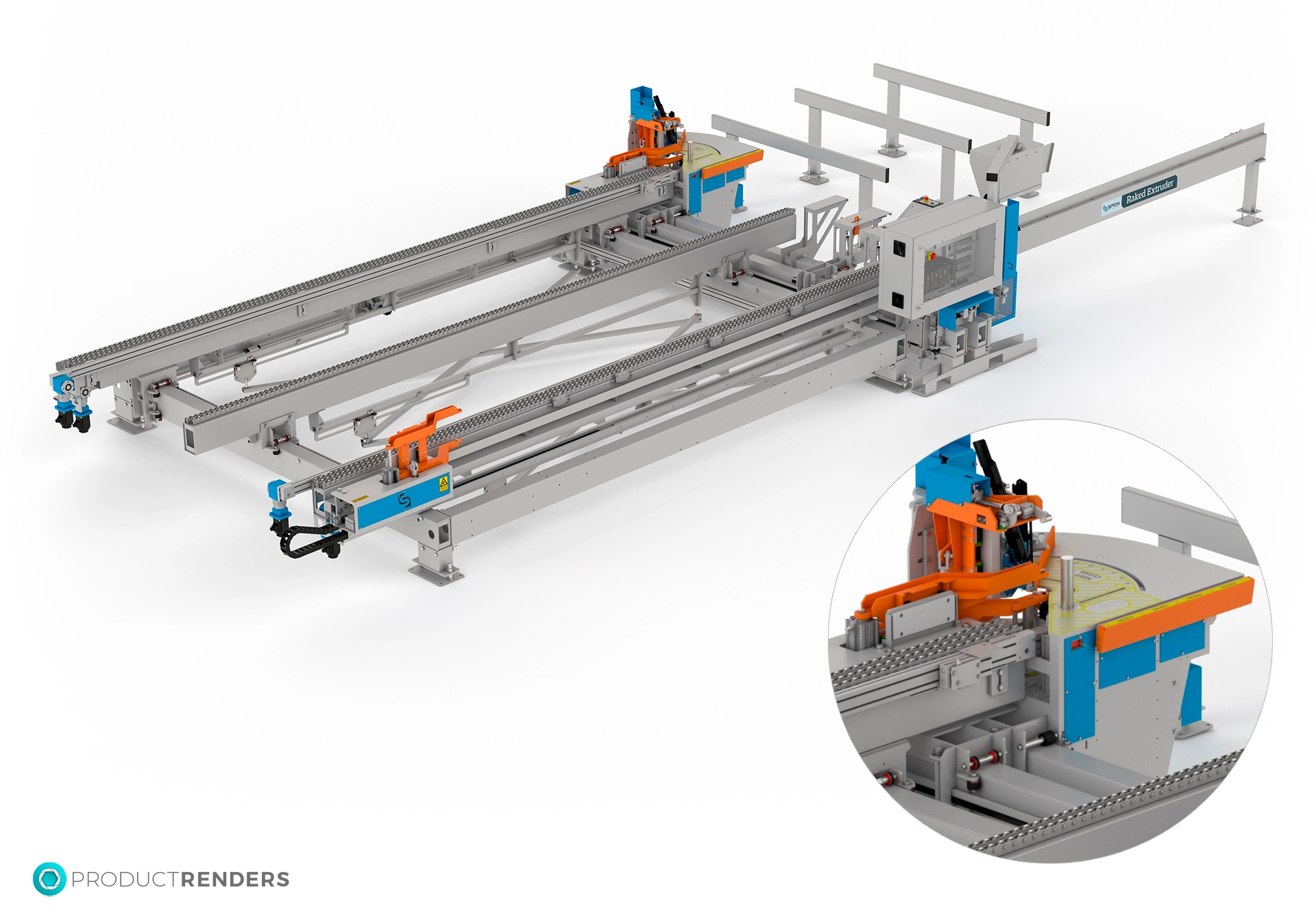 A large Spida Ranked Extruder machine with multiple components and a close-up of a circular cutting tool.