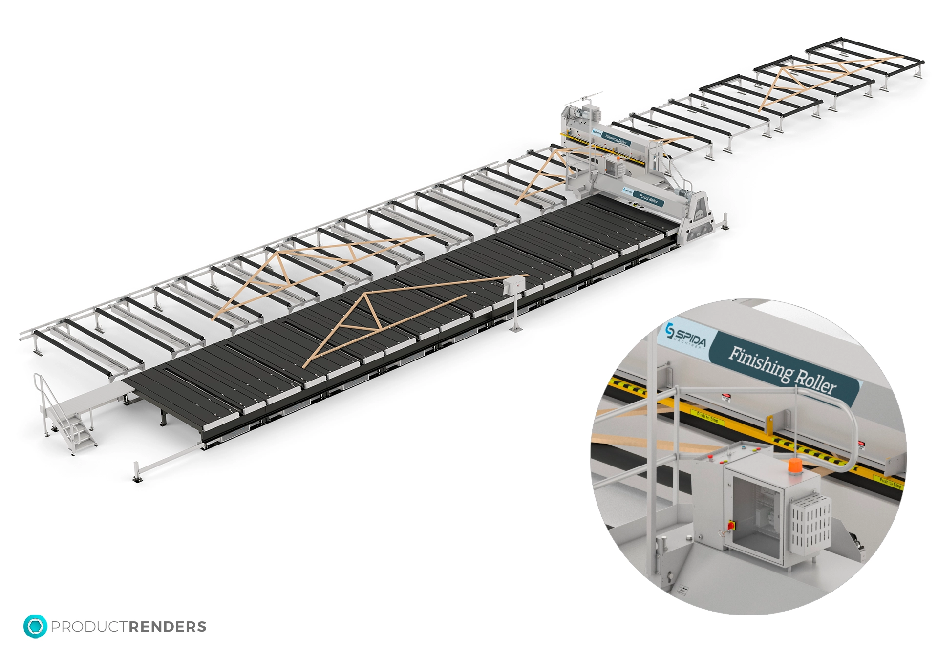 A large Spida Finishing Roller machine with a long conveyor belt and multiple components, including a finishing roller.