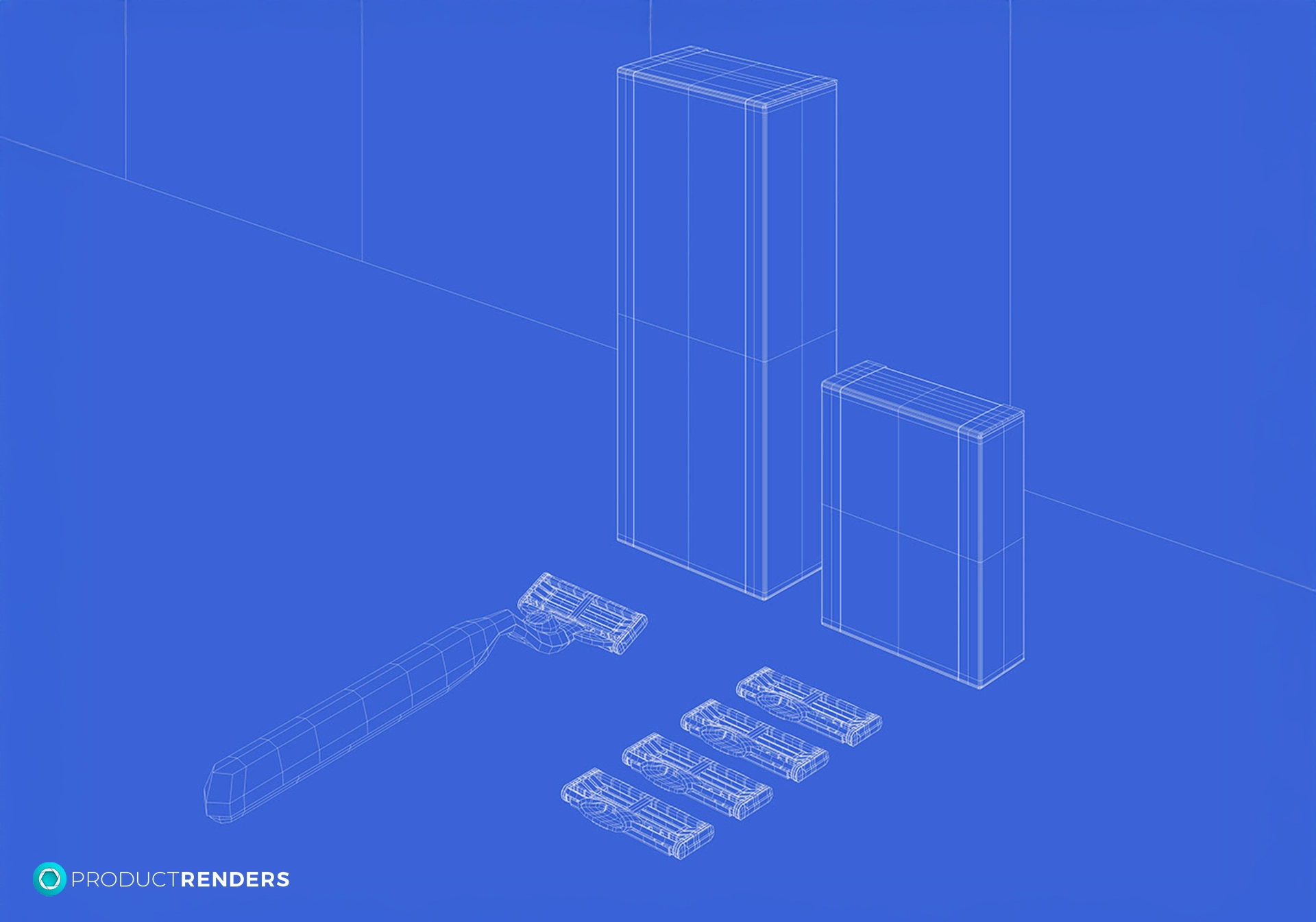 A razor, four razor blades, and two boxes of razor blades in a wireframe style.