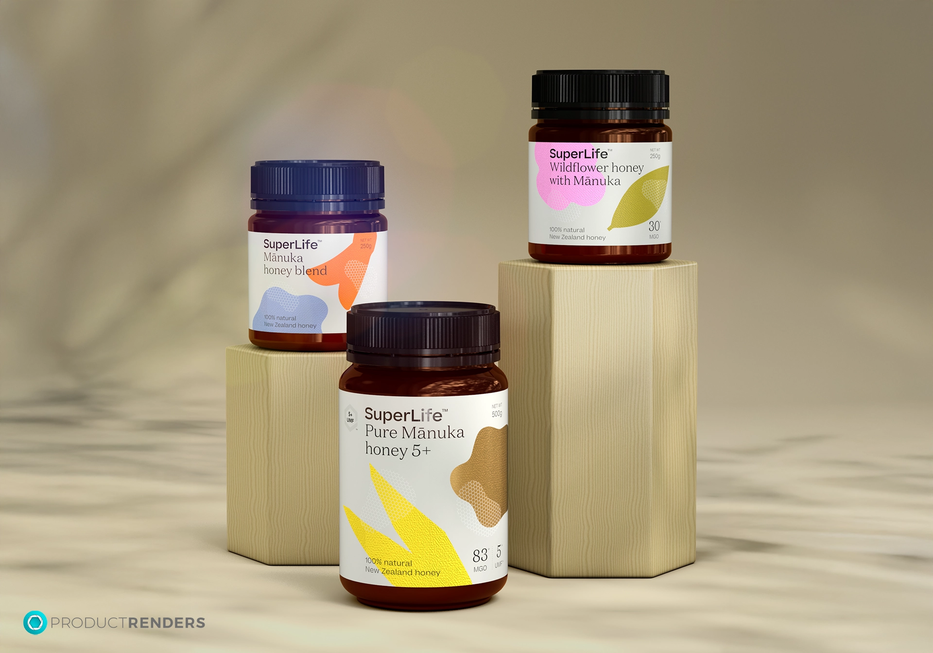 Three jars of SuperLife honey: Manuka Honey Blend, Wildflower Honey with Manuka, and Pure Manuka Honey 5+.