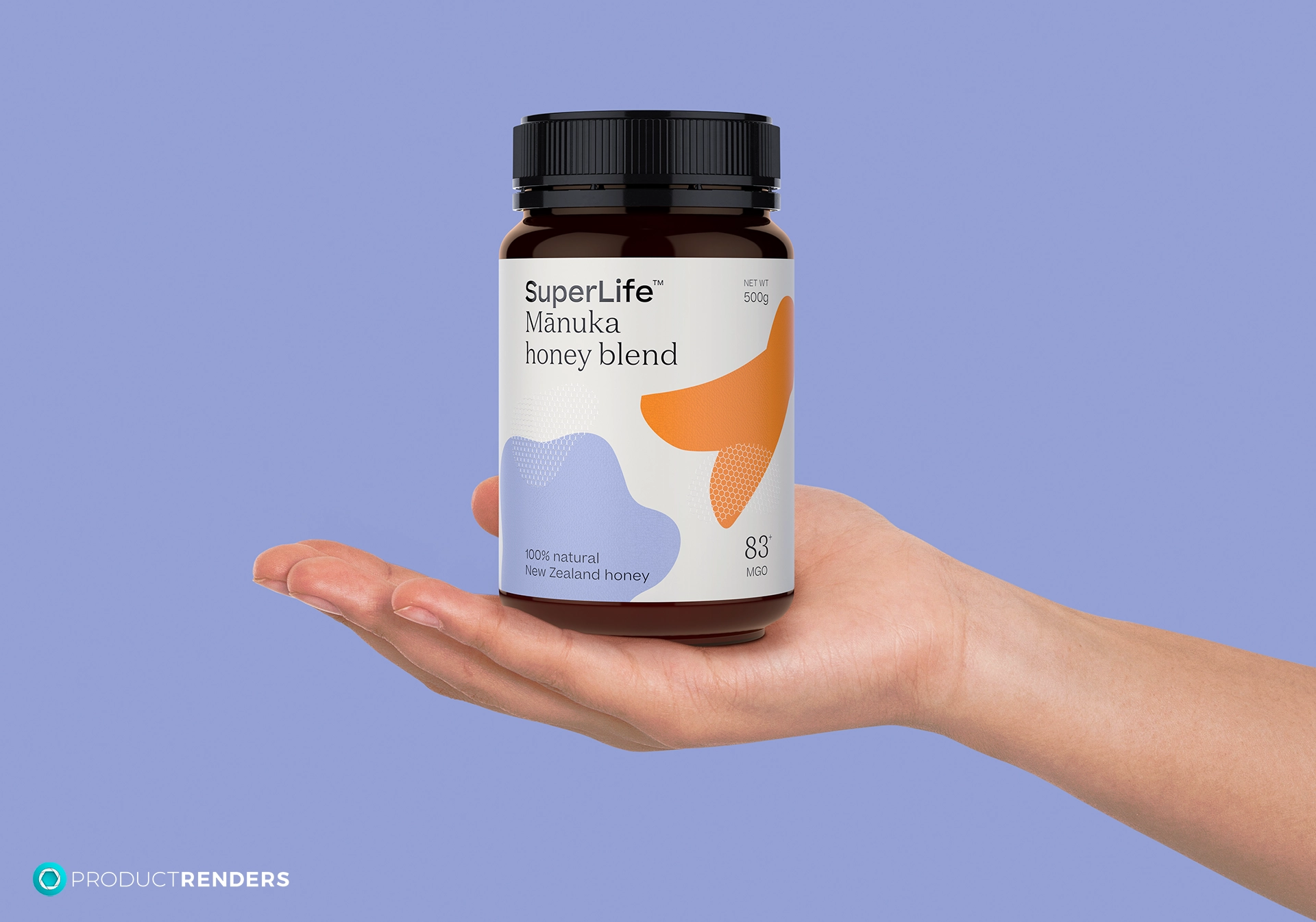 A hand holding a jar of SuperLife Manuka Honey Blend.