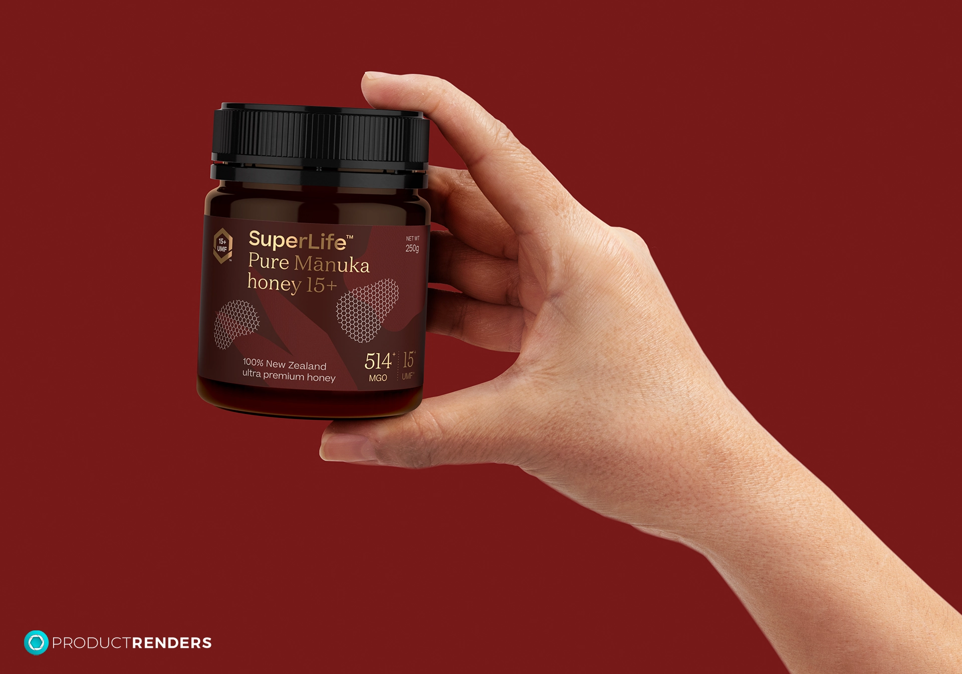 A hand holding a jar of SuperLife Pure Manuka Honey 15+.