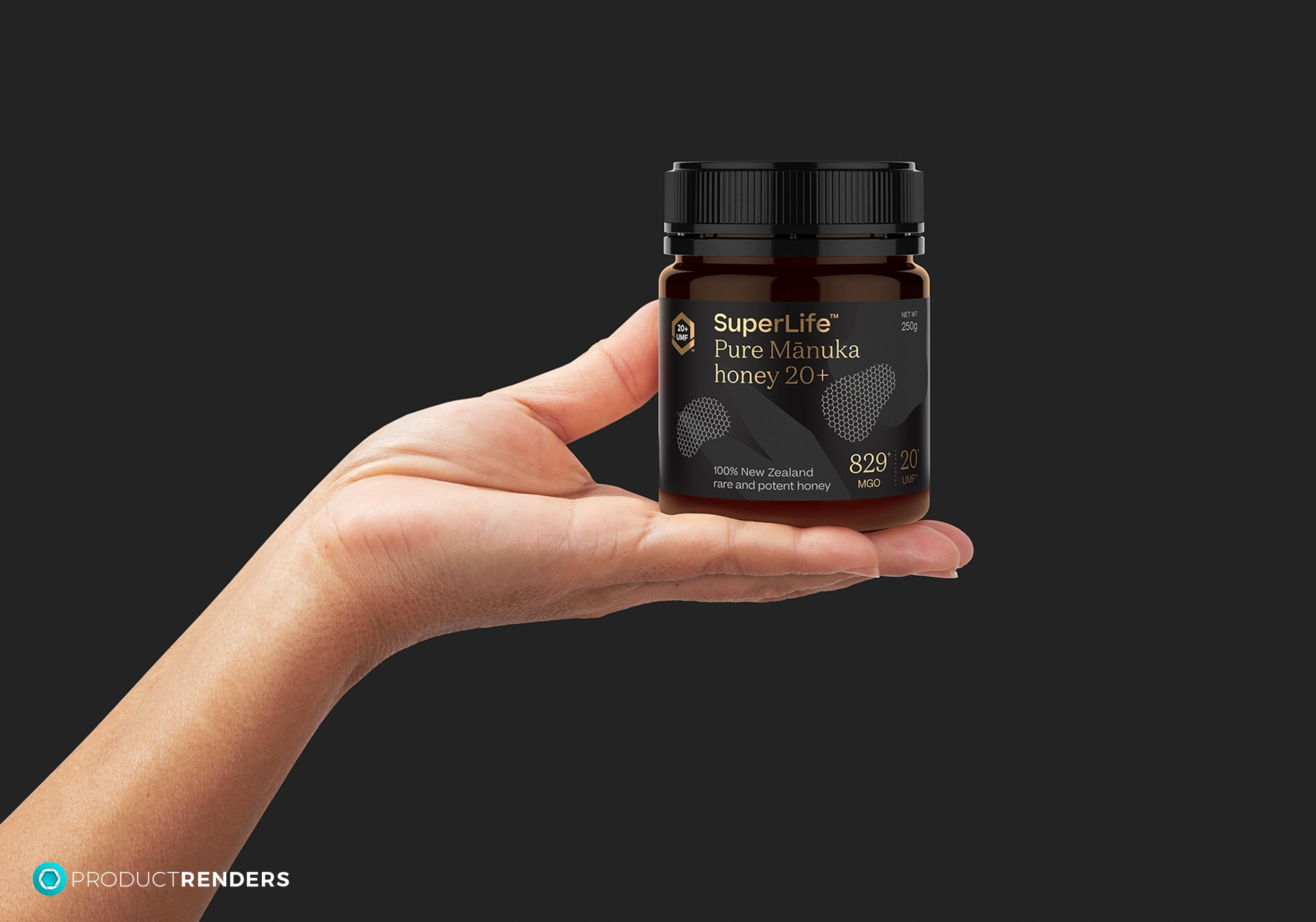 A hand holding a jar of SuperLife Pure Manuka Honey 20+.