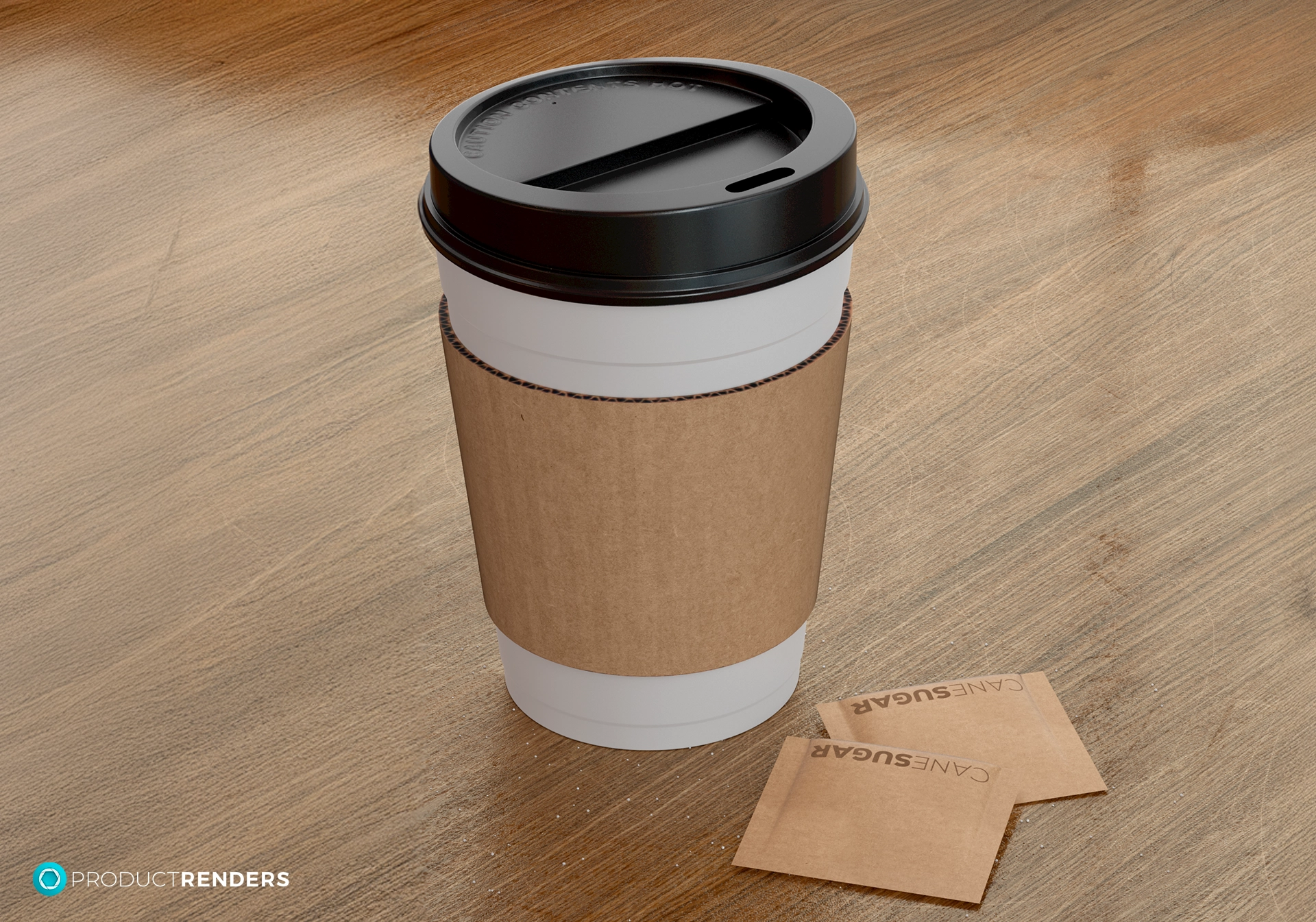 A white take away coffee cup with a black lid and a brown cardboard sleeve, placed on a wooden table with two sugar packets.